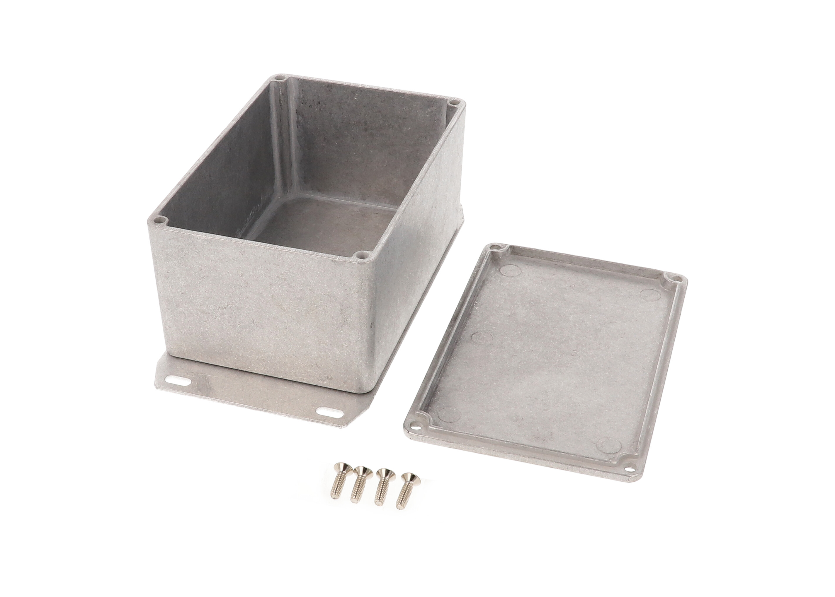 1590TF natural aluminum diecast aluminum enclosure with flanged bottom plate, 120 x 80 x 59 mm
