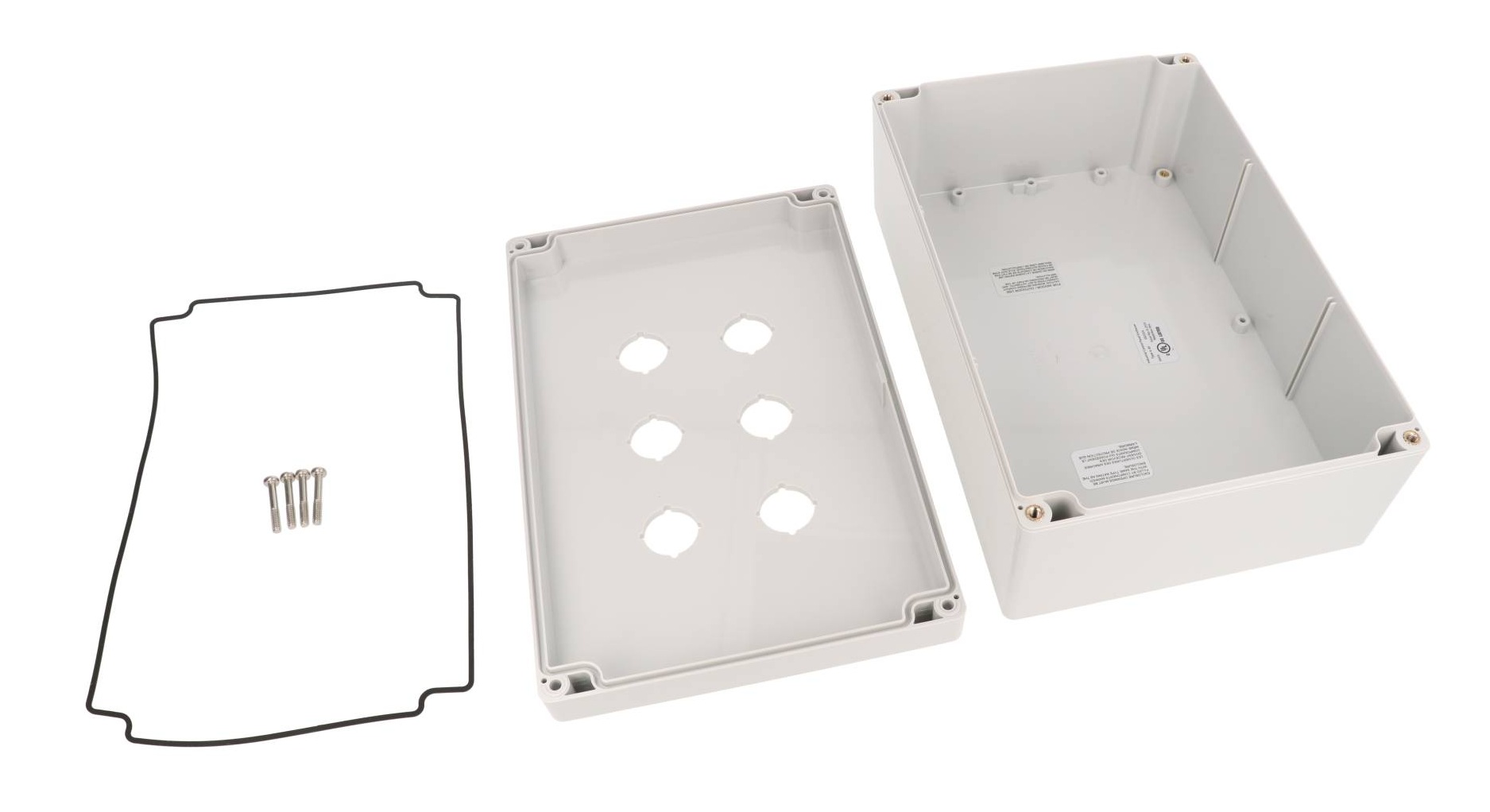 1554MPB6 light gray polycarbonate enclosure with six 22.5 mm pushbutton holes