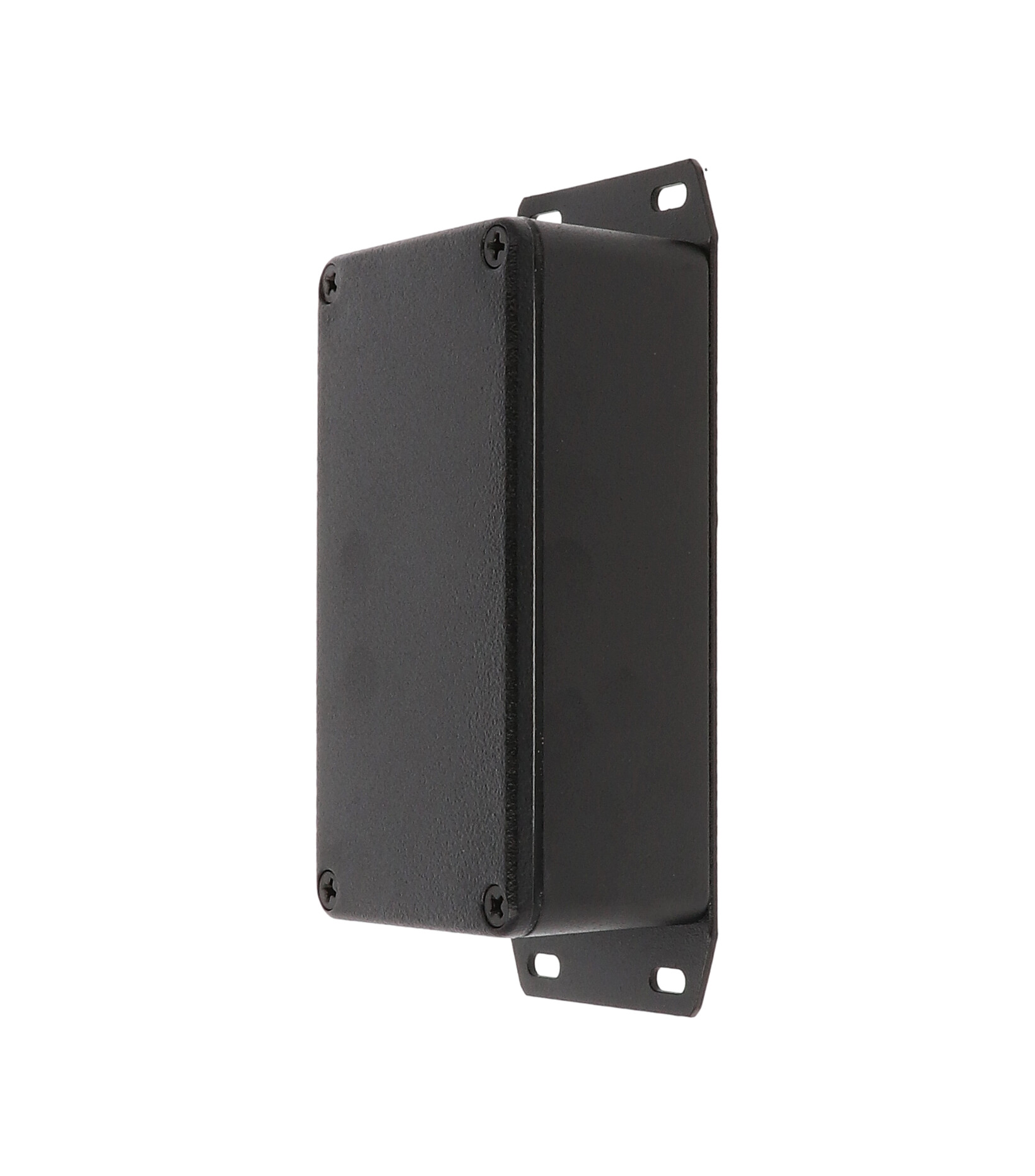 1590WB2FBK black textured IP65 watertight diecast enclosure, 112 x 61 x 38 mm, welded flanged bottom plate