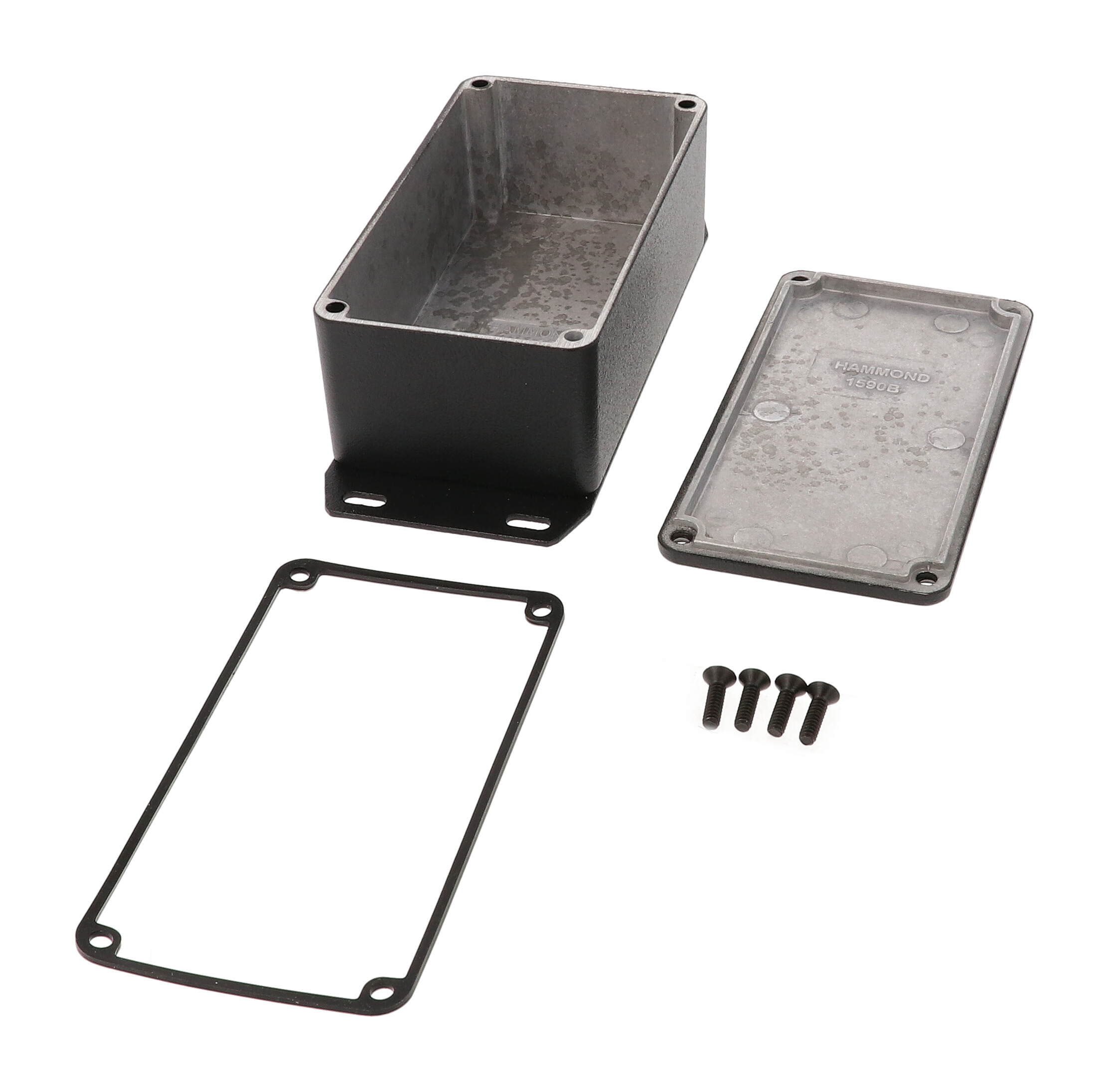 1590WBSFBK black textured watertight diecast aluminum enclosure with flanged bottom plate