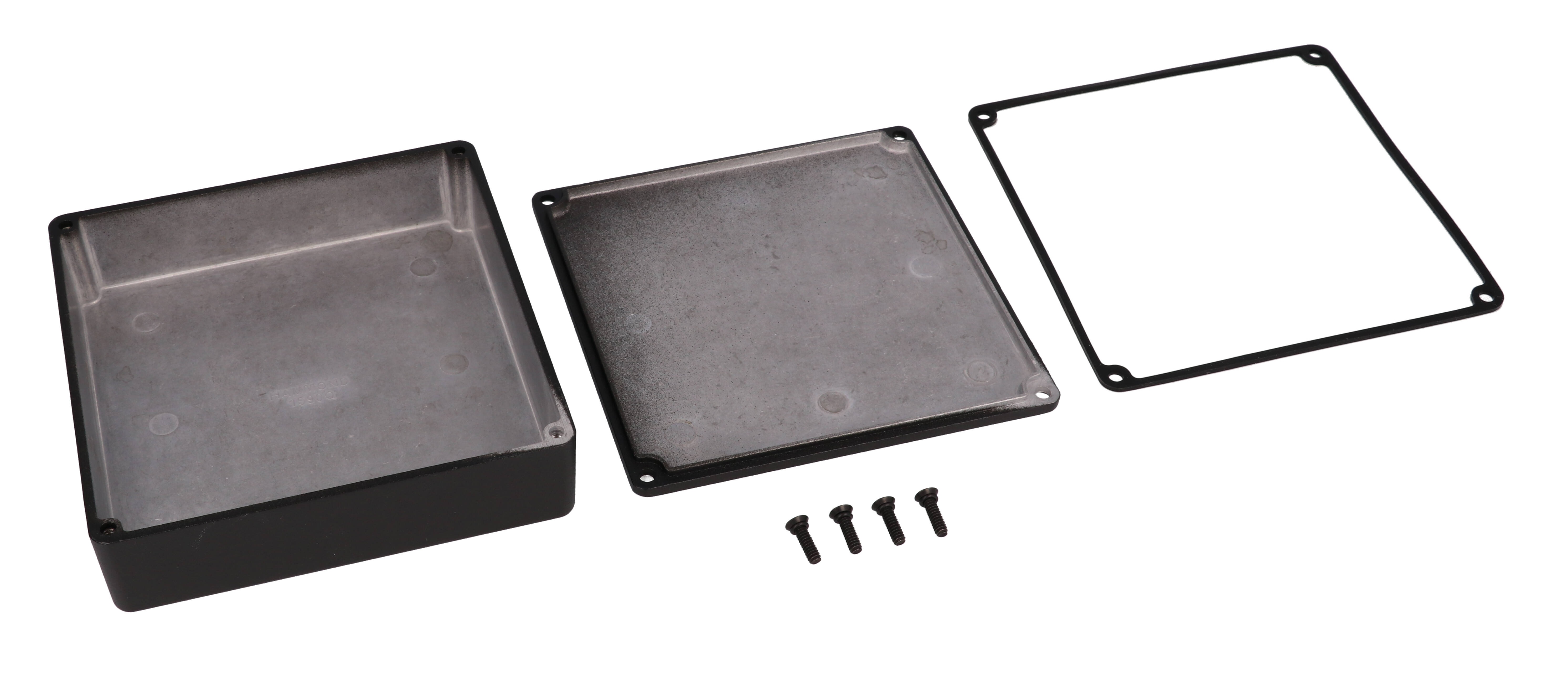 1590WQBK textured black watertight diecast enclosure, 120 mm x 120 mm x 34 mm, no mounting flanges