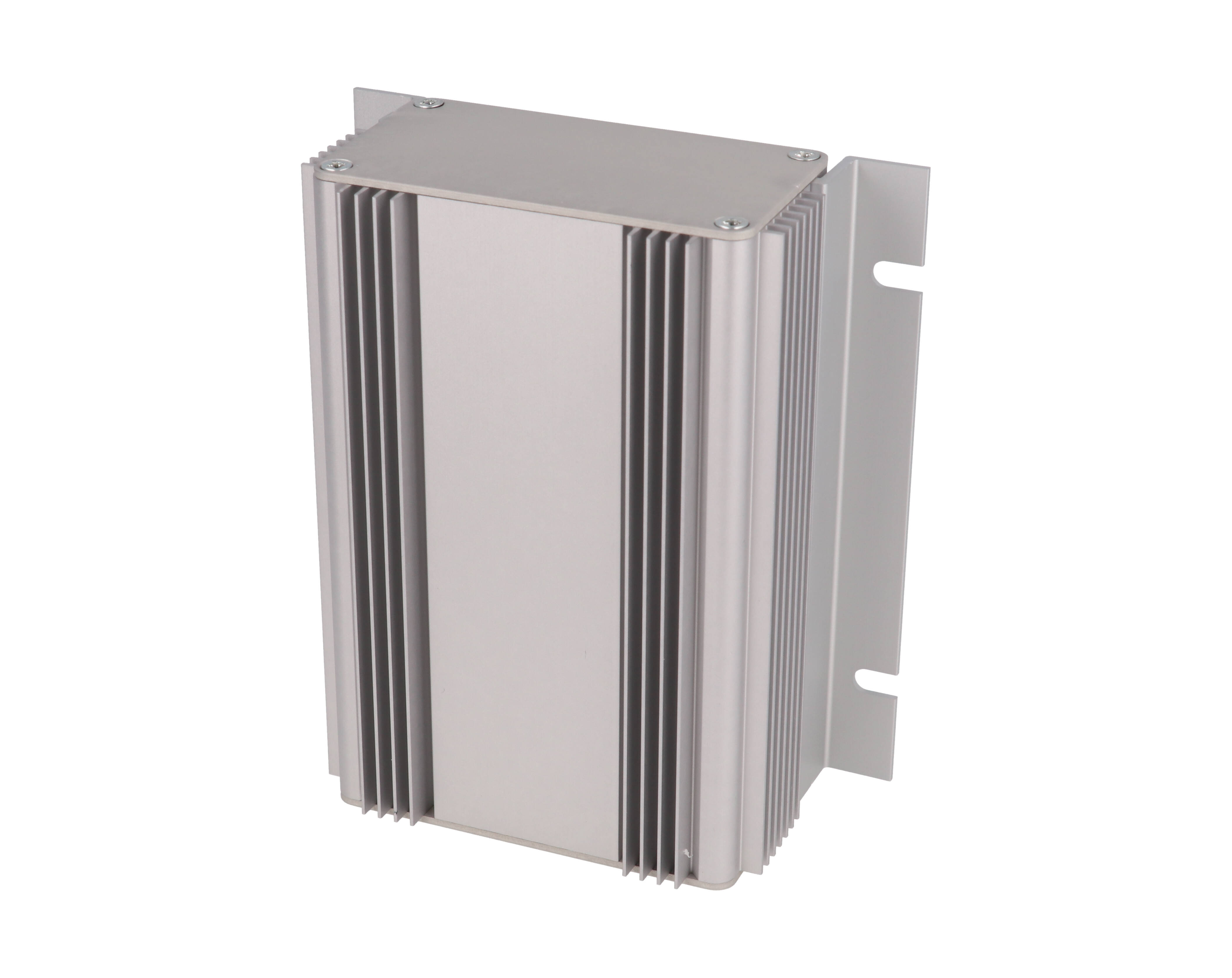 1455KHD1201 clear anodized finned heat dissipating extruded aluminum enclosure, 120 x 86 x 51 mm, with mounting flanges