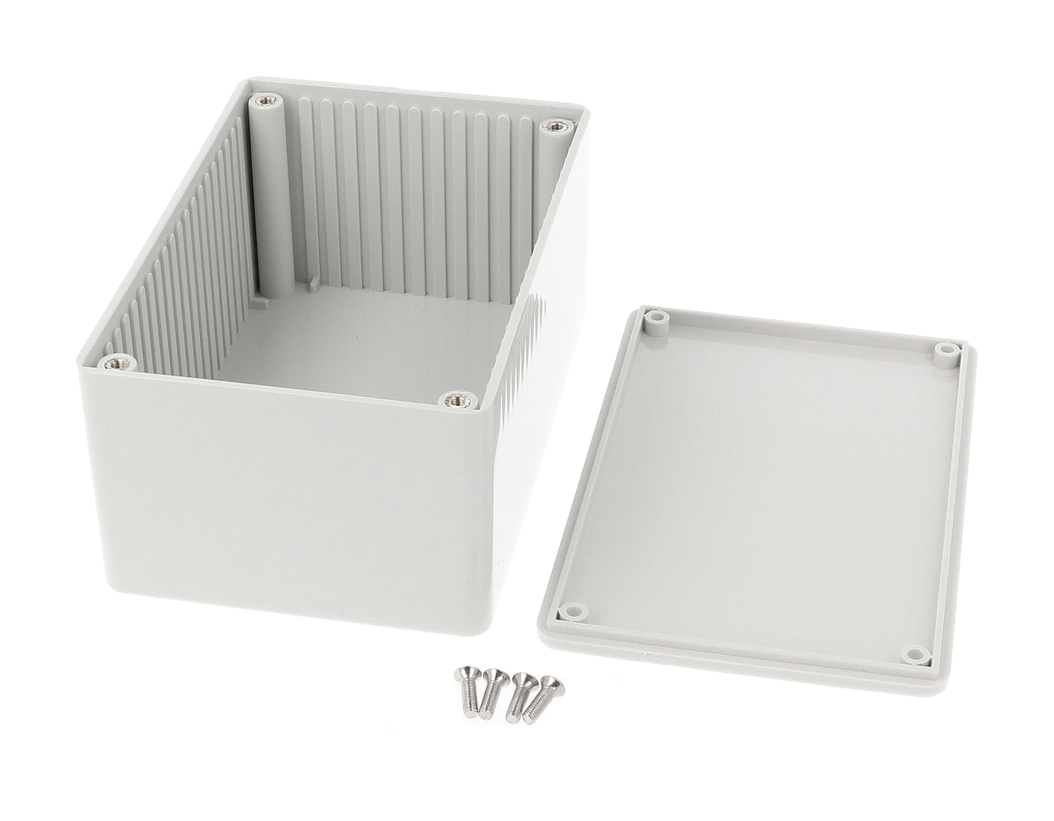 1591TGY light gray flame retardant ABS enclosure, 120 x 80 x 59 mm, with lid and screws