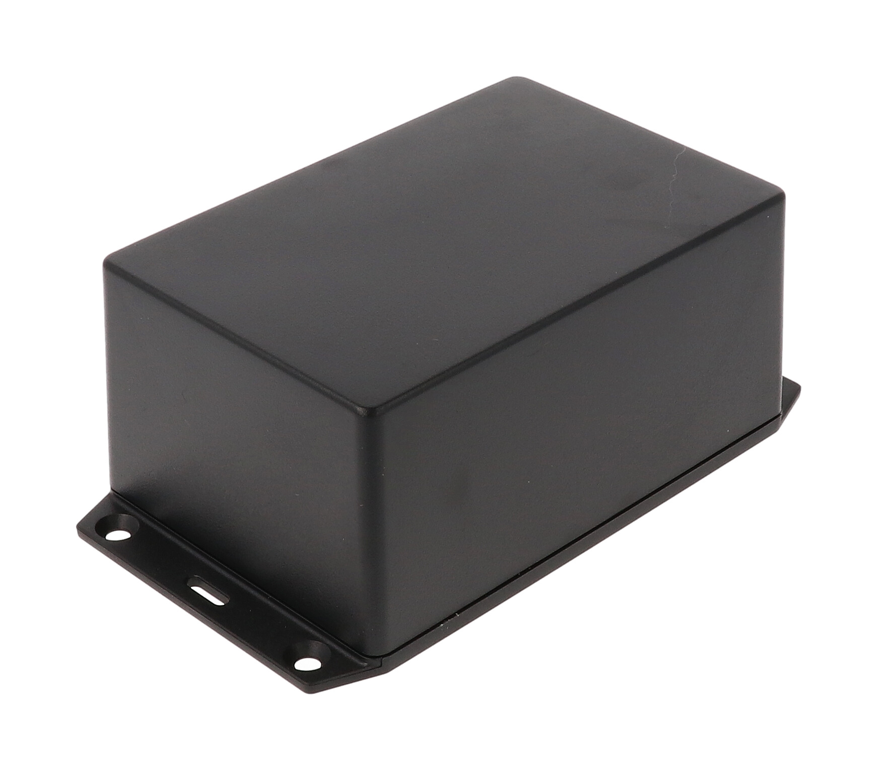 1591XXTFLBK black ABS plastic flanged-lid enclosure with PC board standoffs, 123 x 83 x 59 mm