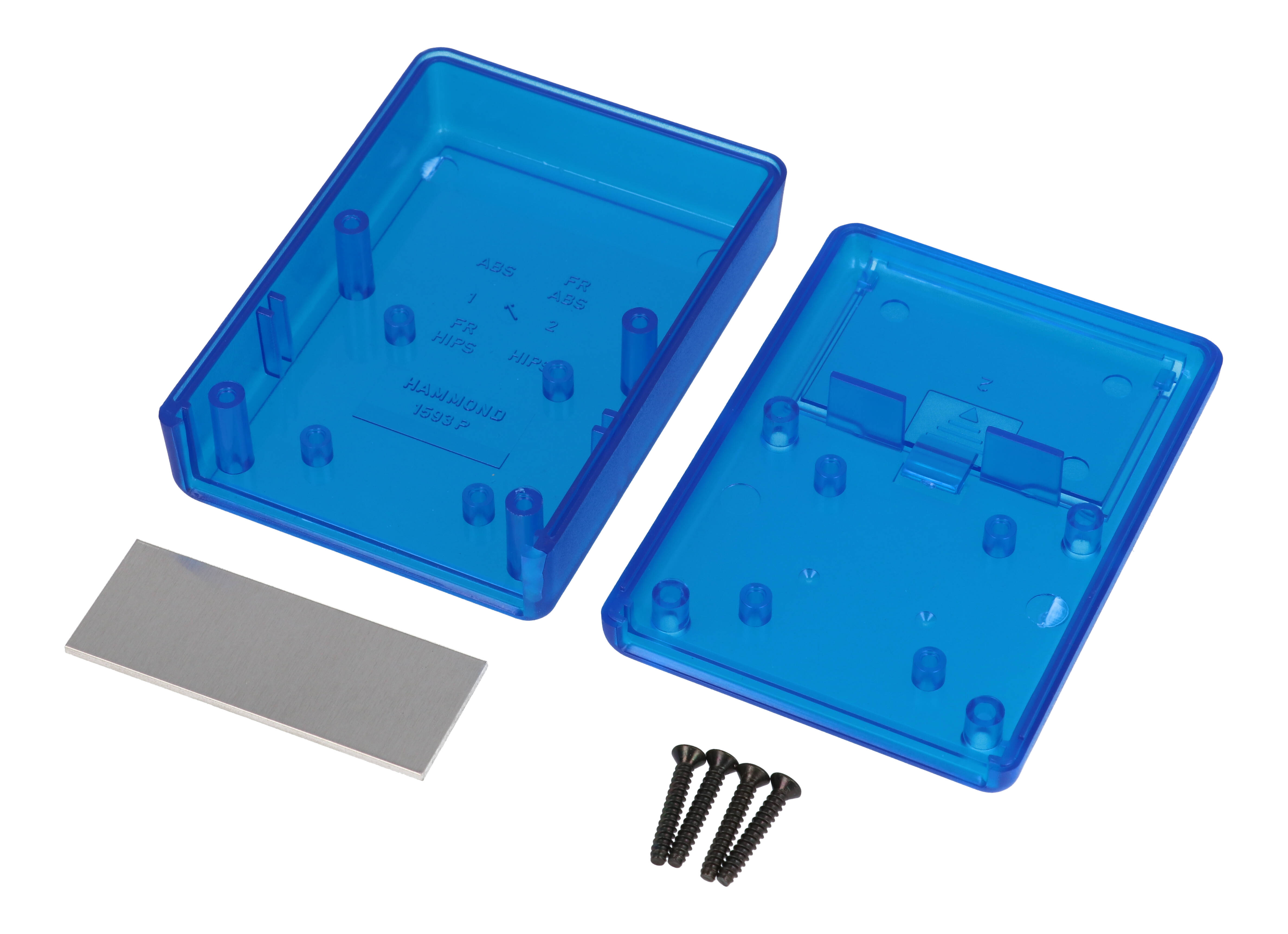 1593PALTBU transparent blue ABS handheld enclosure with battery door and aluminum front panel