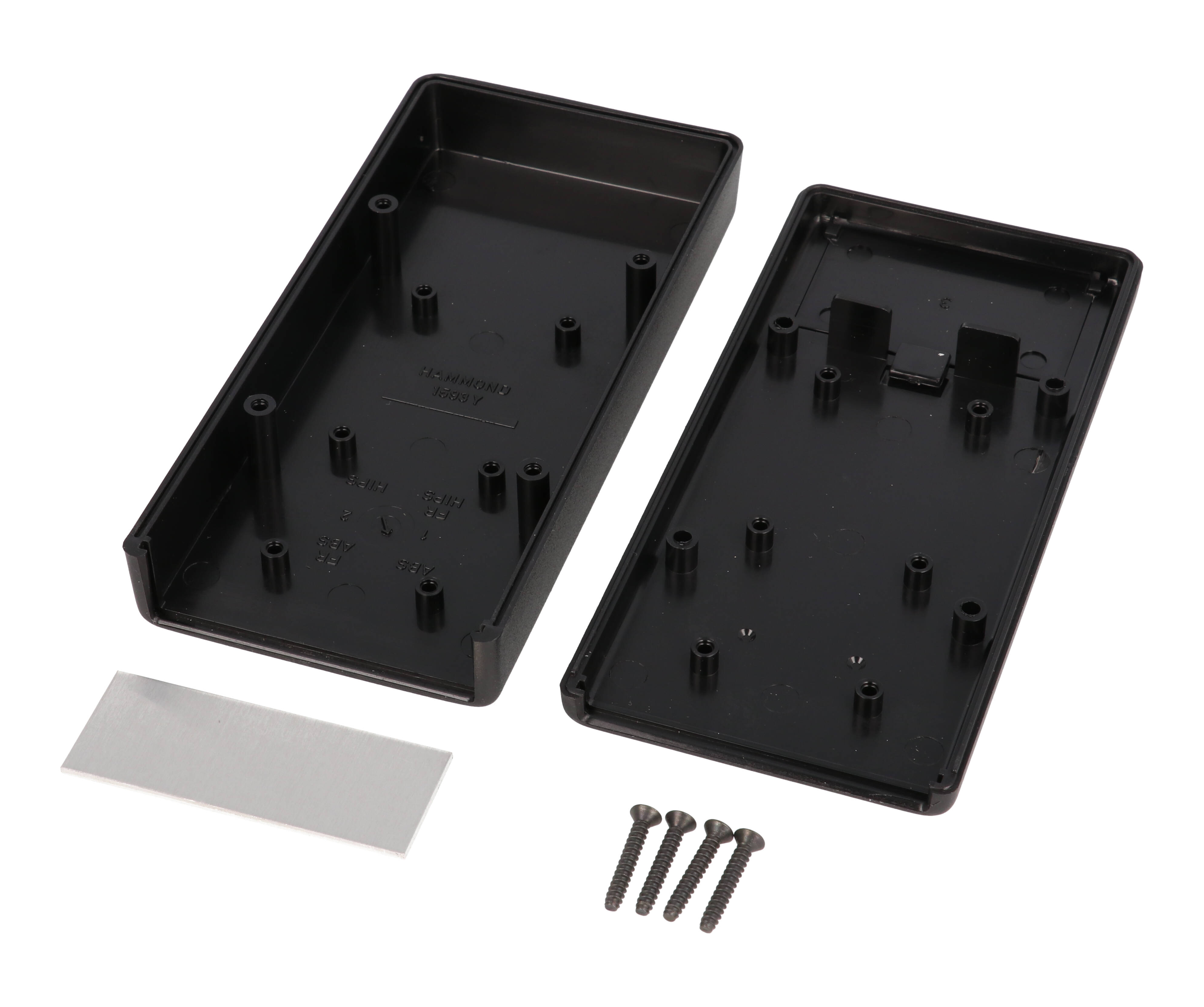 1593YALBK black ABS hand held instrument enclosure, 140 x 66 x 28 mm, with aluminum end panel and battery door