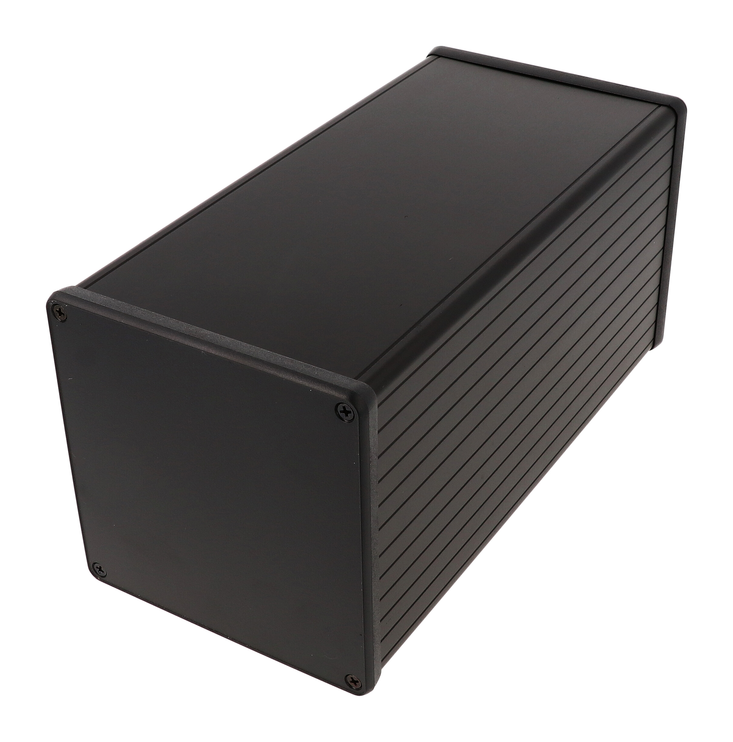 1455NS2202BK black anodized square extruded aluminum enclosure, 220 x 103 x 103 mm, with black closed plastic bezels