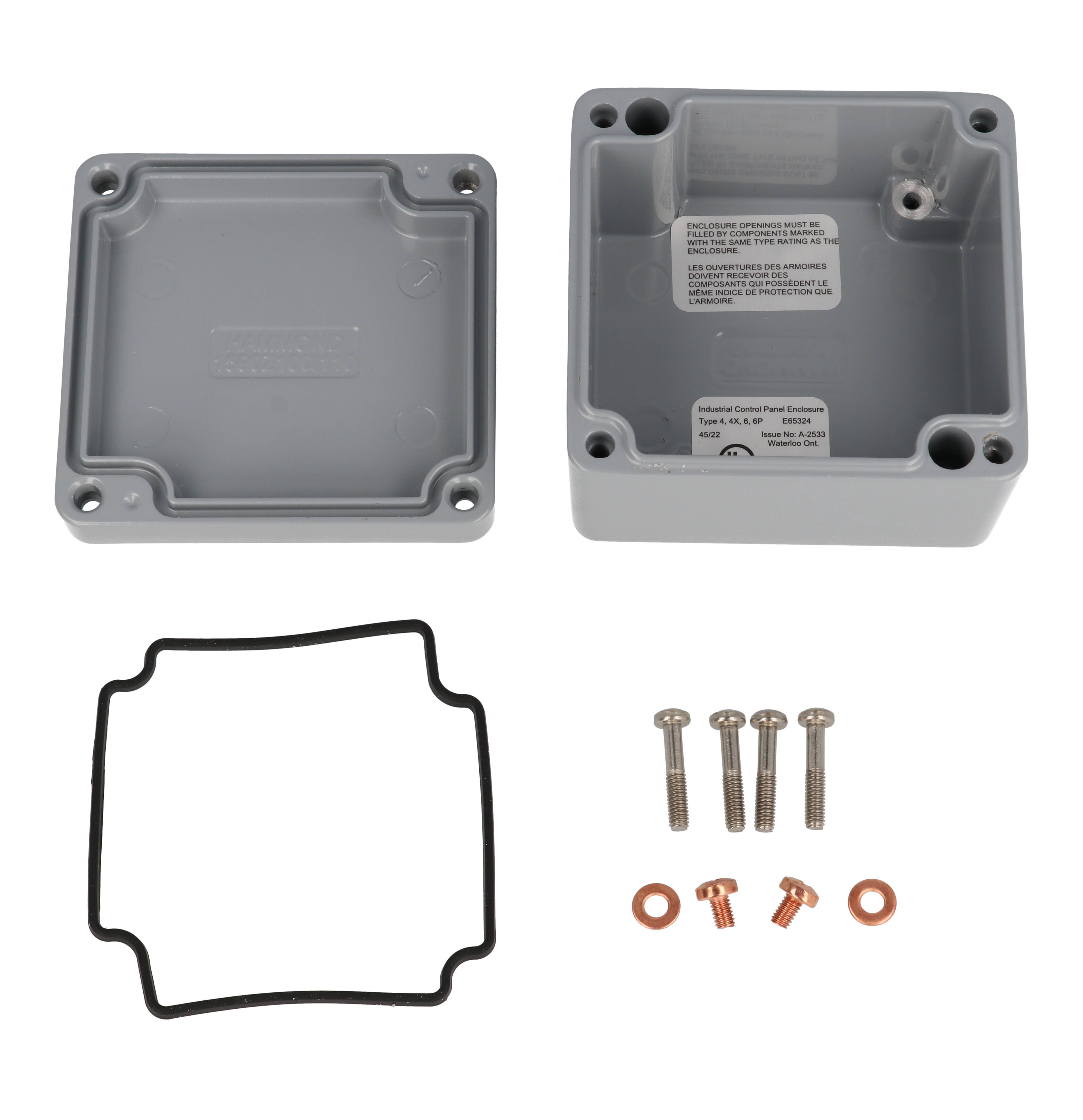 1590Z110GY smooth gray RAL 7001 80 x 75 x 52 mm diecast aluminum enclosure without internal shelf, lid with four recessed screws