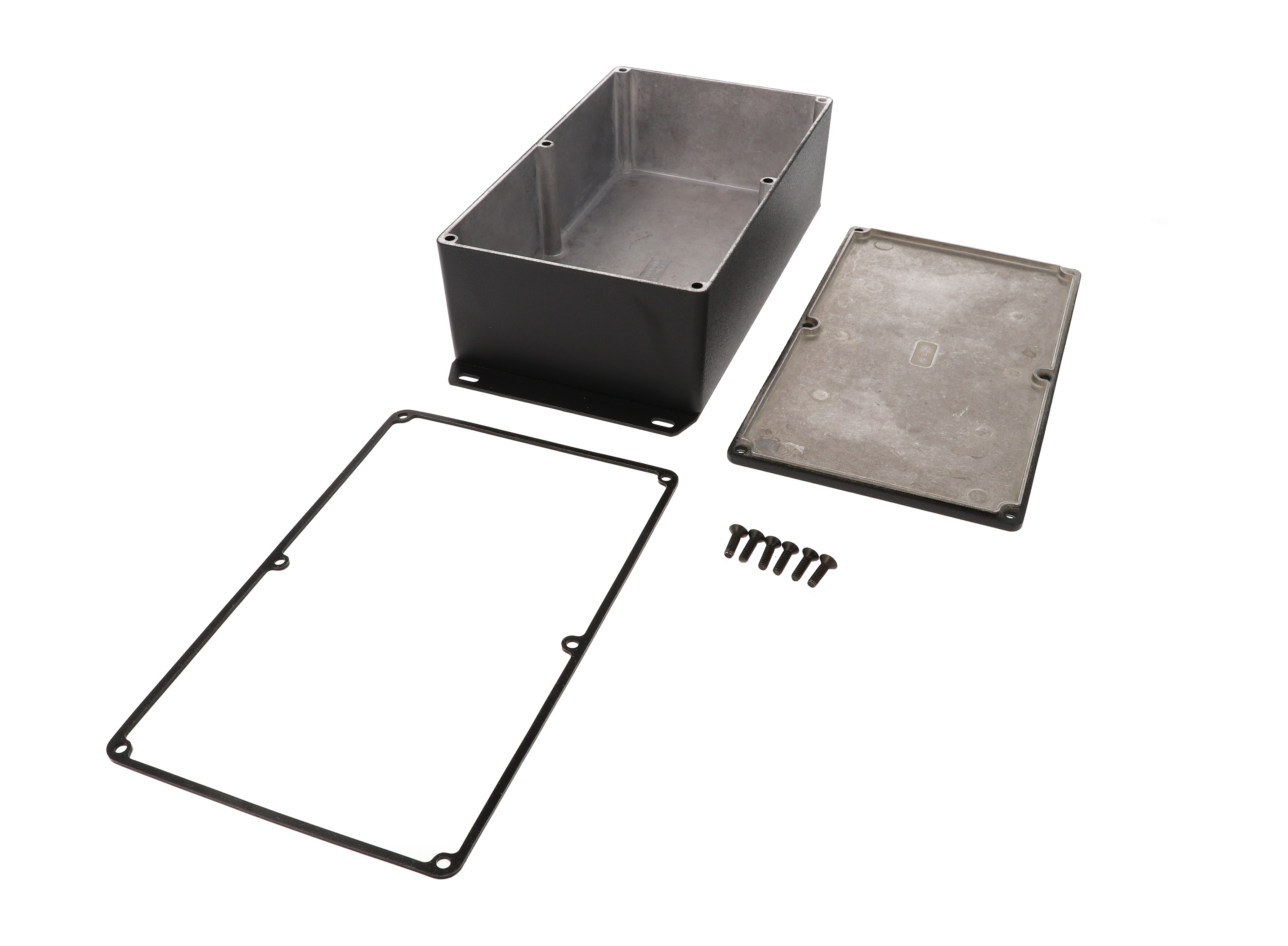 1590WR1FBK black textured IP65 water-tight diecast aluminum enclosure with a welded flanged bottom plate, 192x112x61mm