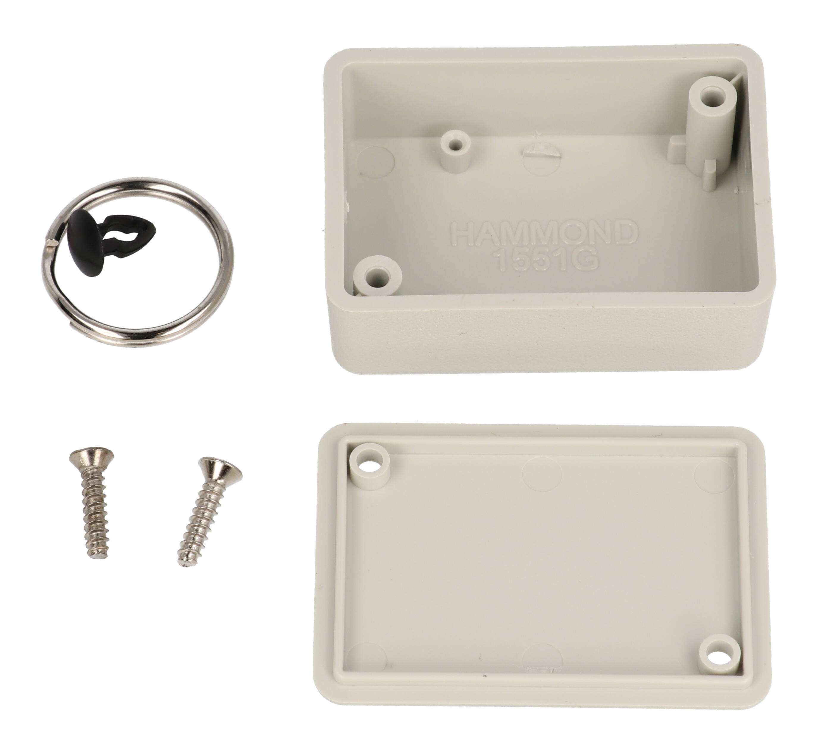Hammond 1551GRGY light gray ABS plastic enclosure with key ring, 50 x 35 x 20 mm