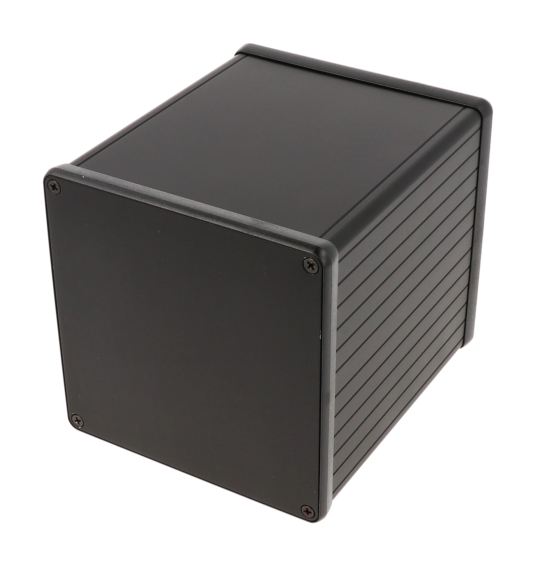 1455NS1201BK black anodized square extruded aluminum enclosure, 120 x 103 x 103 mm, with aluminum end panels and open bezels