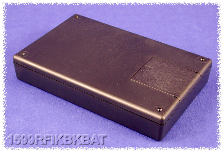 1599RFIKBKBAT black EMI/RFI shielded handheld enclosure with battery door, 220 x 140 mm