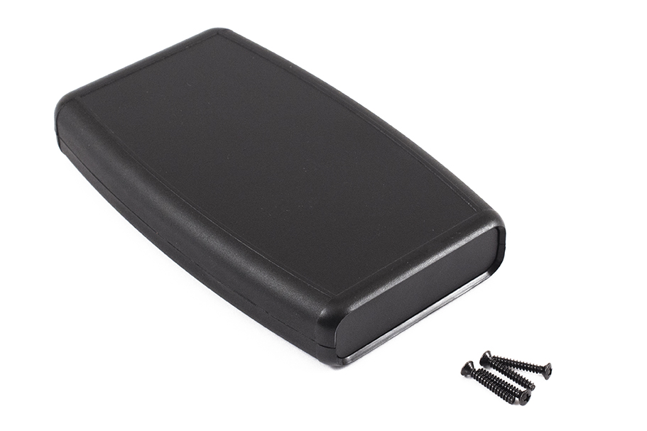 1553DBKBK black ABS large handheld enclosure with black soft-sided overmold