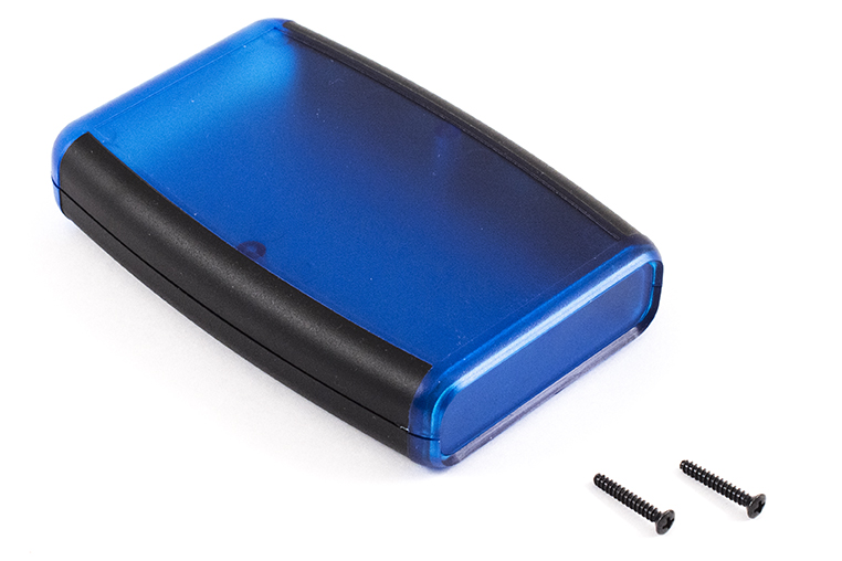 1553BTBUBK translucent blue ABS handheld enclosure with black soft overmold