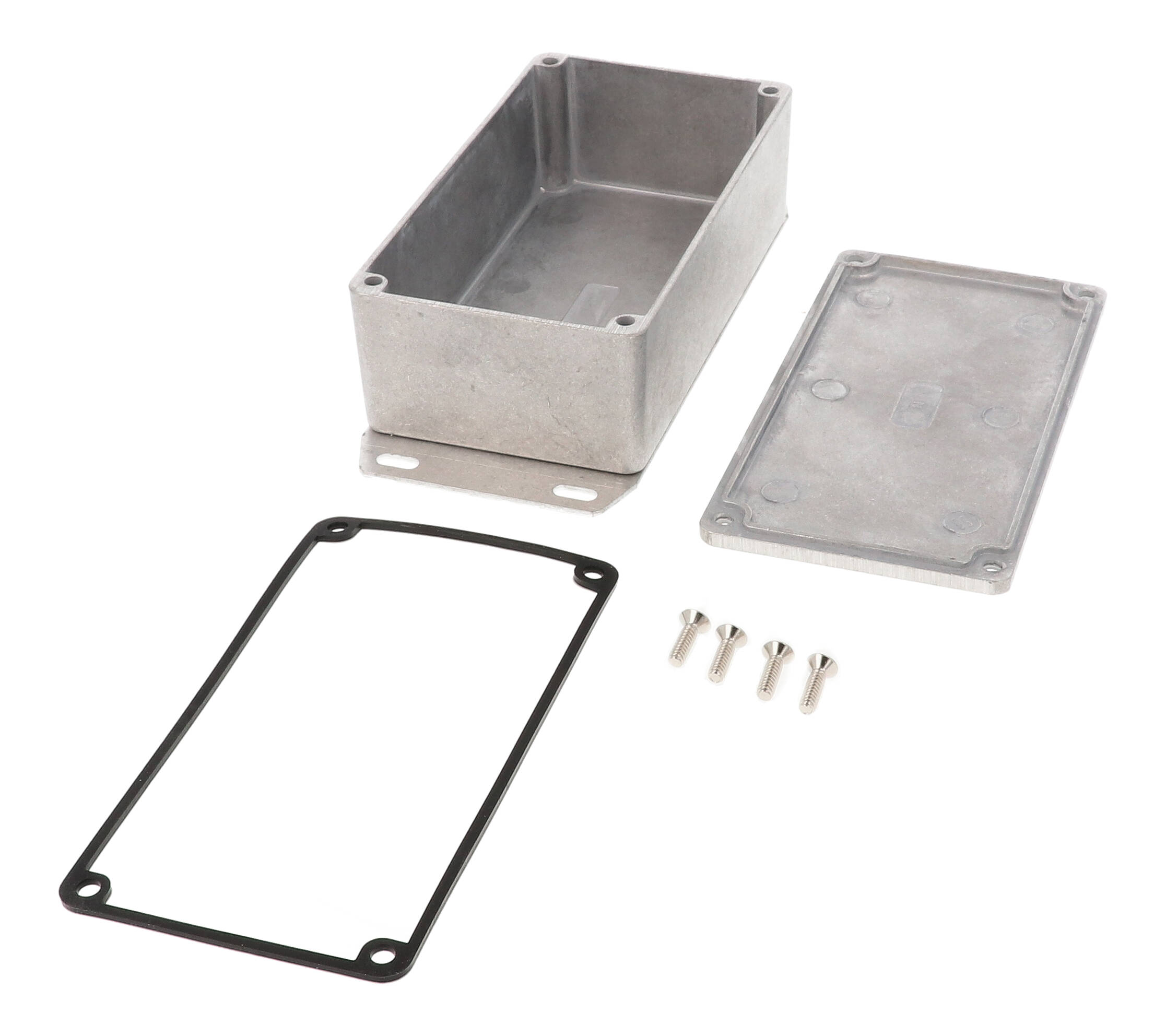 1590WN1F natural aluminum watertight diecast enclosure, 121 mm x 66 mm x 40 mm, with flanged bottom plate