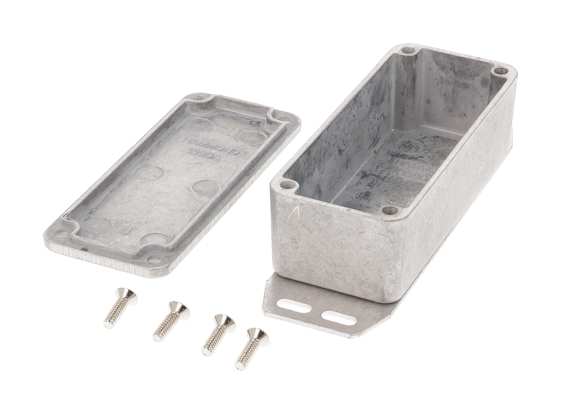 1590AF natural diecast aluminum enclosure with flanged bottom plate, 93 x 39 x 31 mm