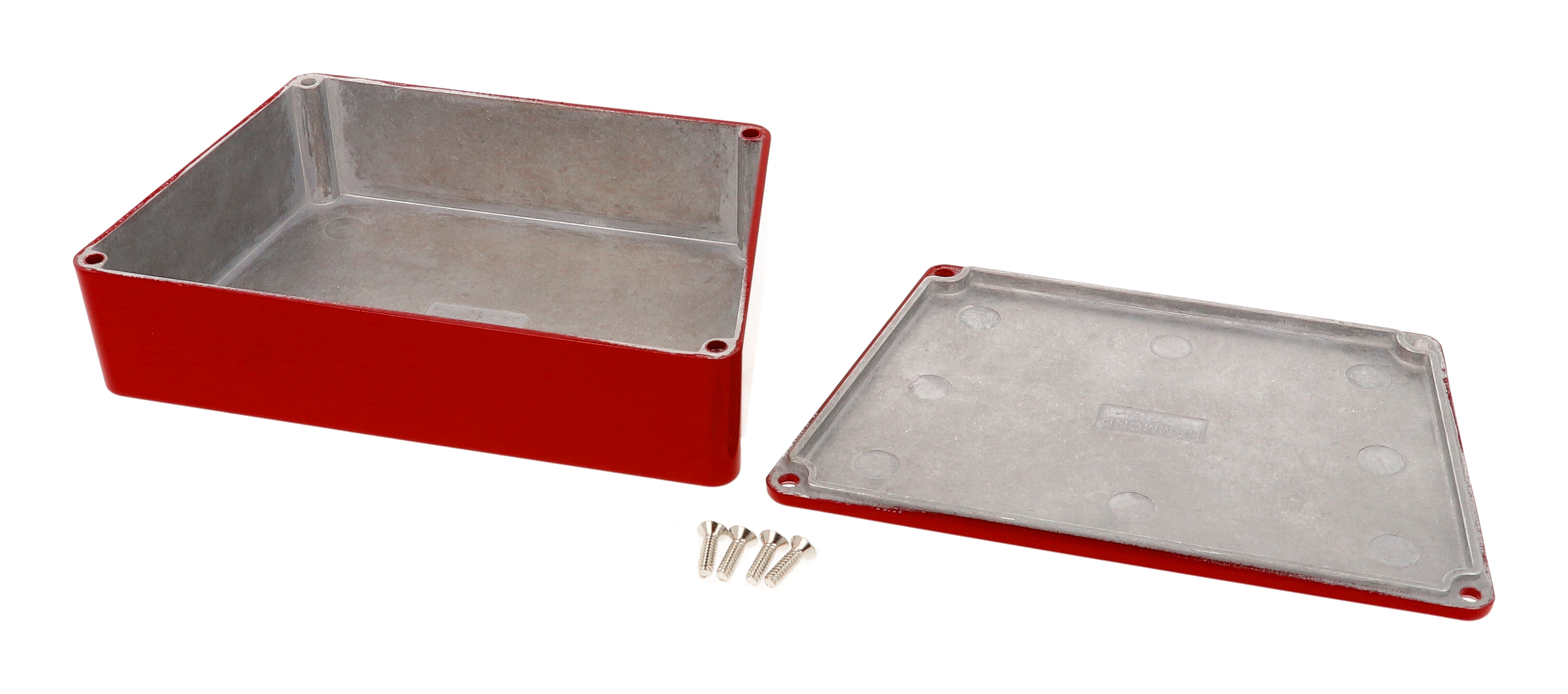 1590TRPCRD red powder coated wide trapezoid diecast aluminum stomp box enclosure