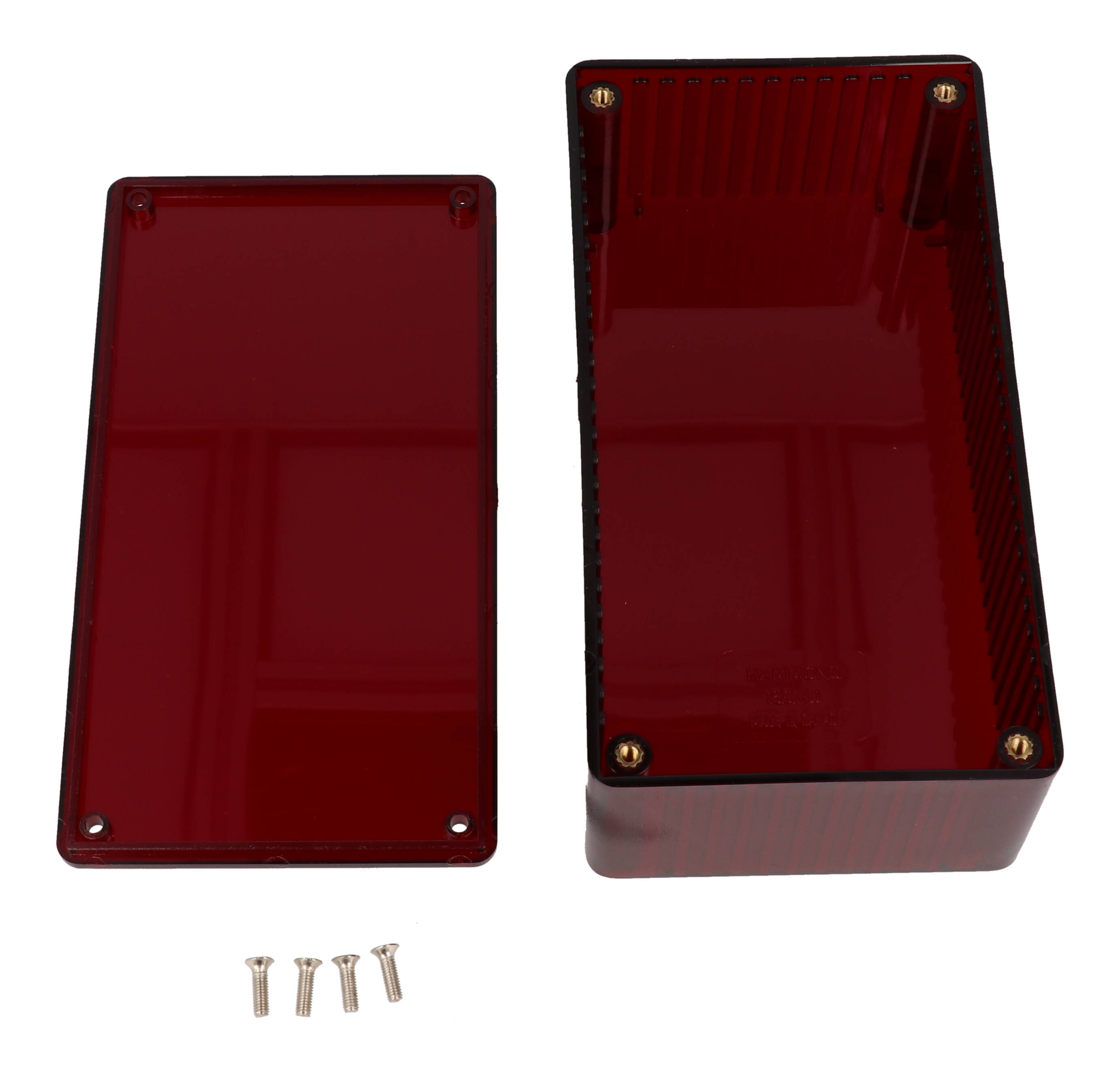 1591DTRD ir red translucent polycarbonate enclosure, 150 x 80 x 50 mm, with lid and cover screws