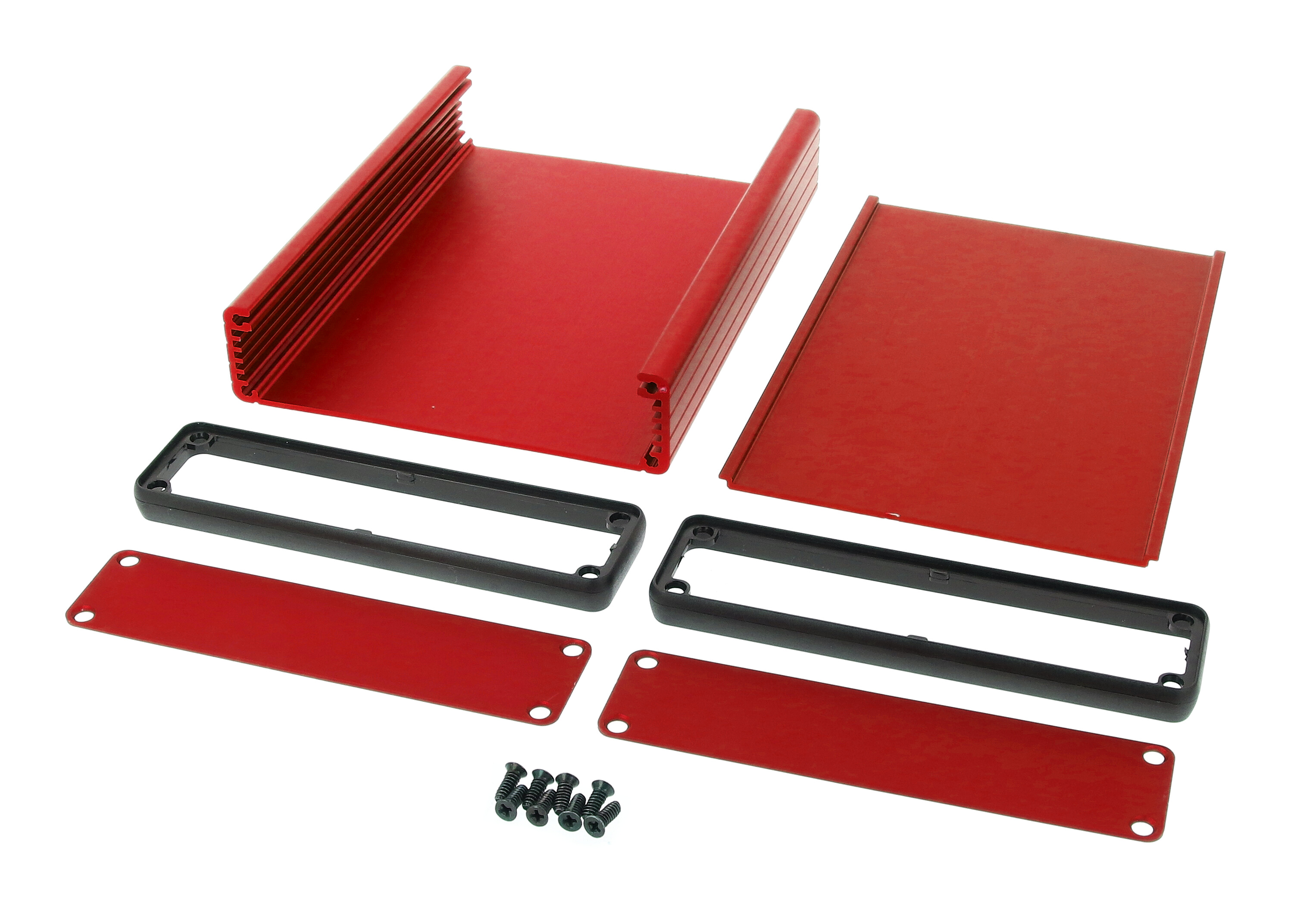 1455P1601RD red anodized extruded aluminum PC board enclosure, 160 x 125 x 30.5 mm, with aluminum end panels and open bezels