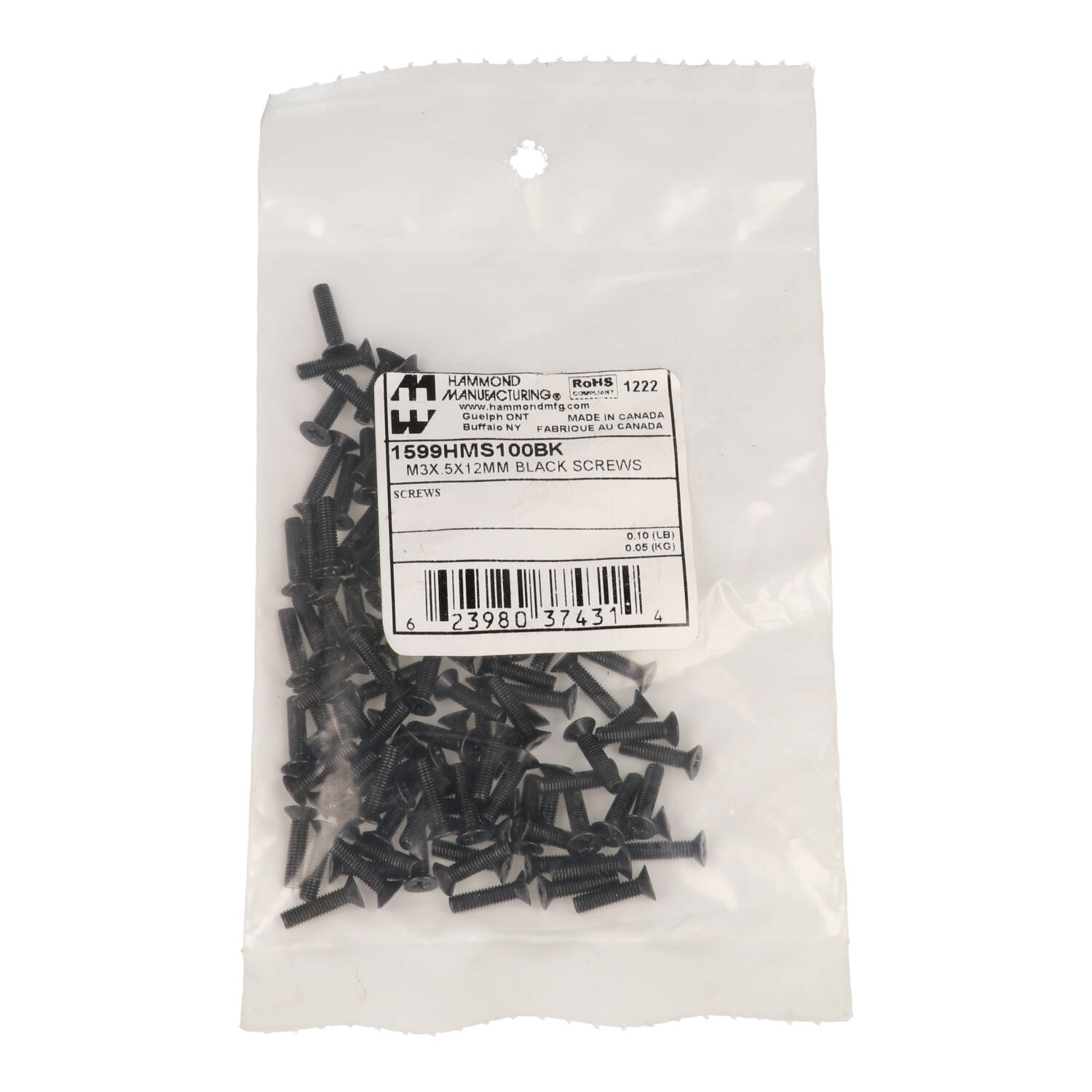 1599HMS100BK 100-pack of black M3-0.5 x 12mm assembly screws for 1599 series enclosures