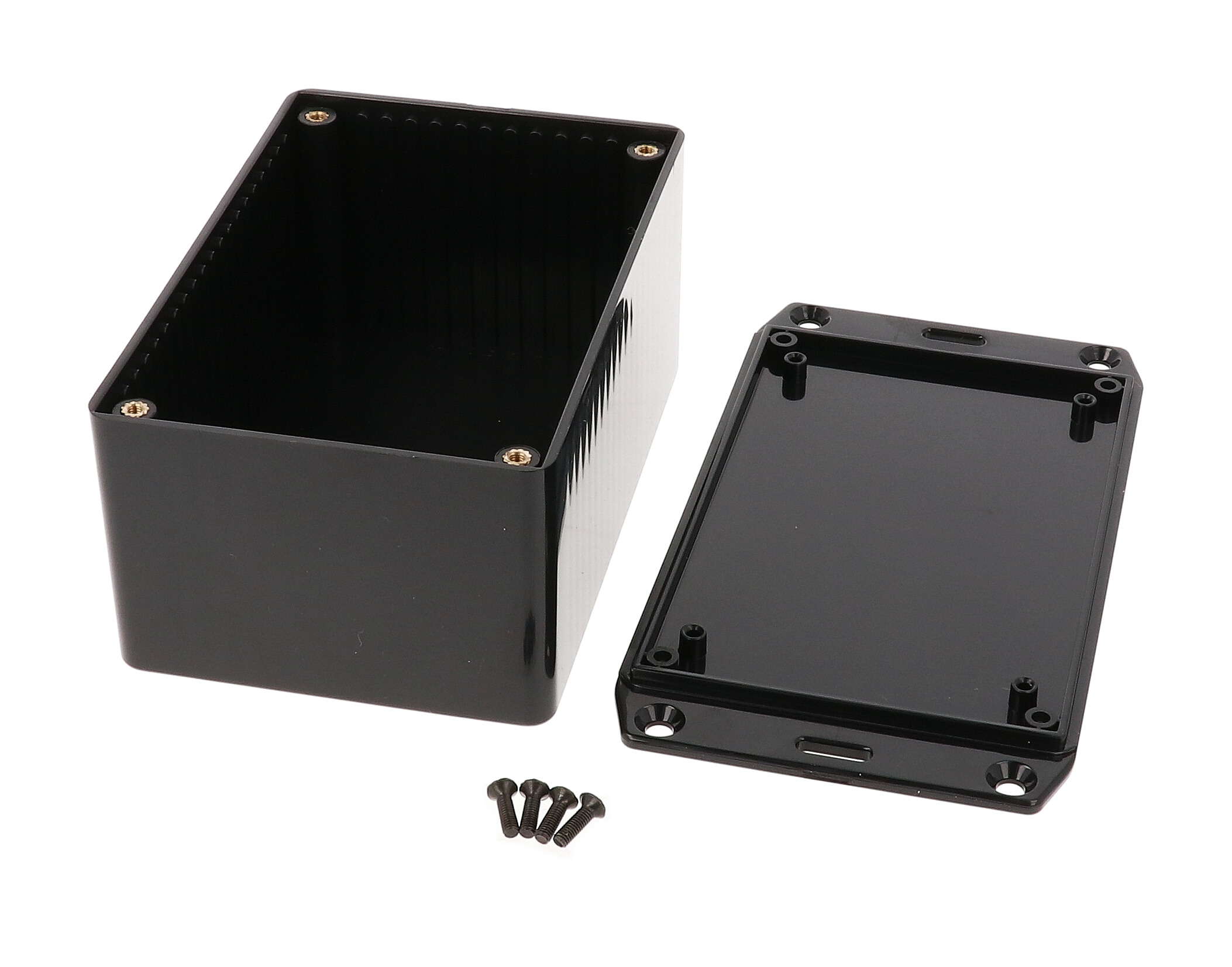 1591TFLBK black flame retardant ABS enclosure with flanged mounting lid, 120 x 80 x 59 mm