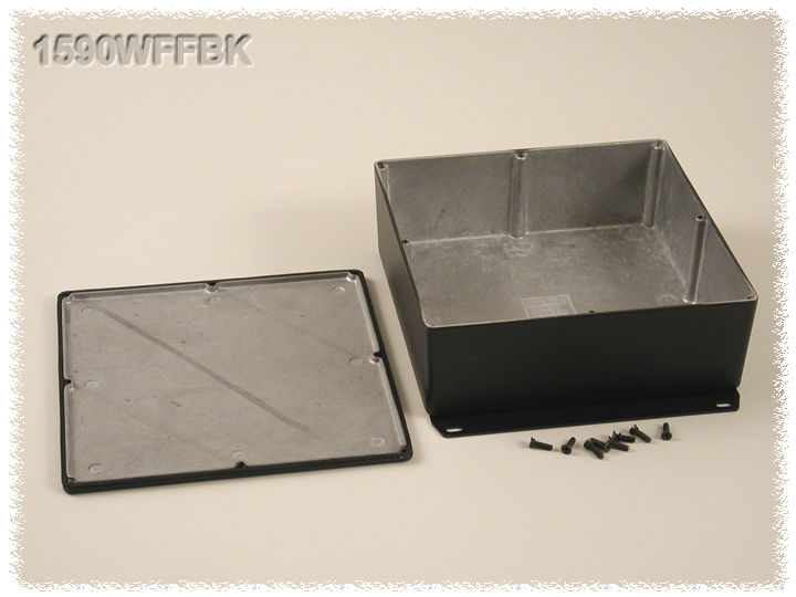 1590WFFBK textured black square watertight 1590F diecast aluminum enclosure, 188 x 188 x 67 mm, flanged bottom plate