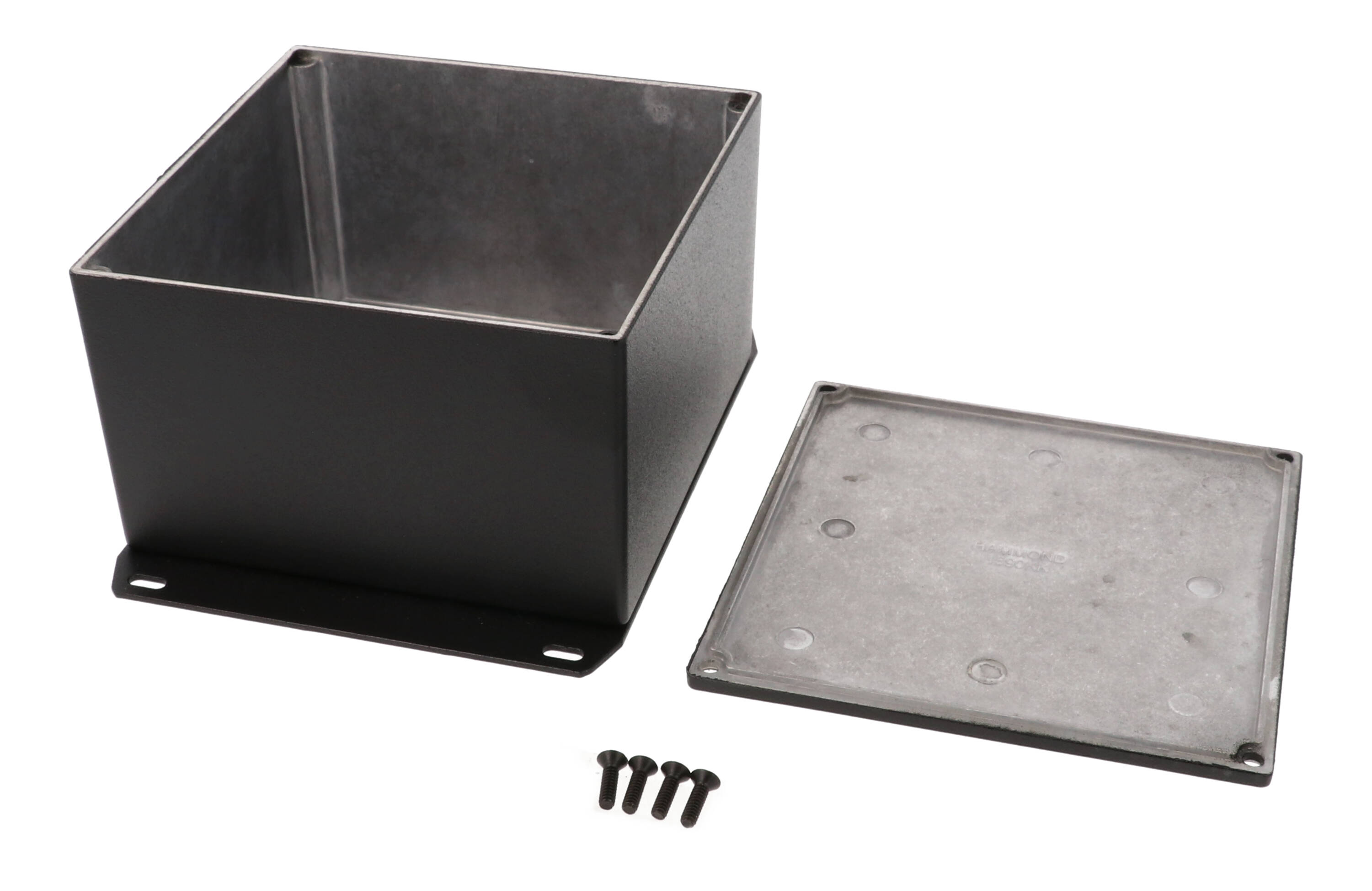 1590KFBK black textured diecast aluminum enclosure with welded mounting flange, 125 x 125 x 79 mm