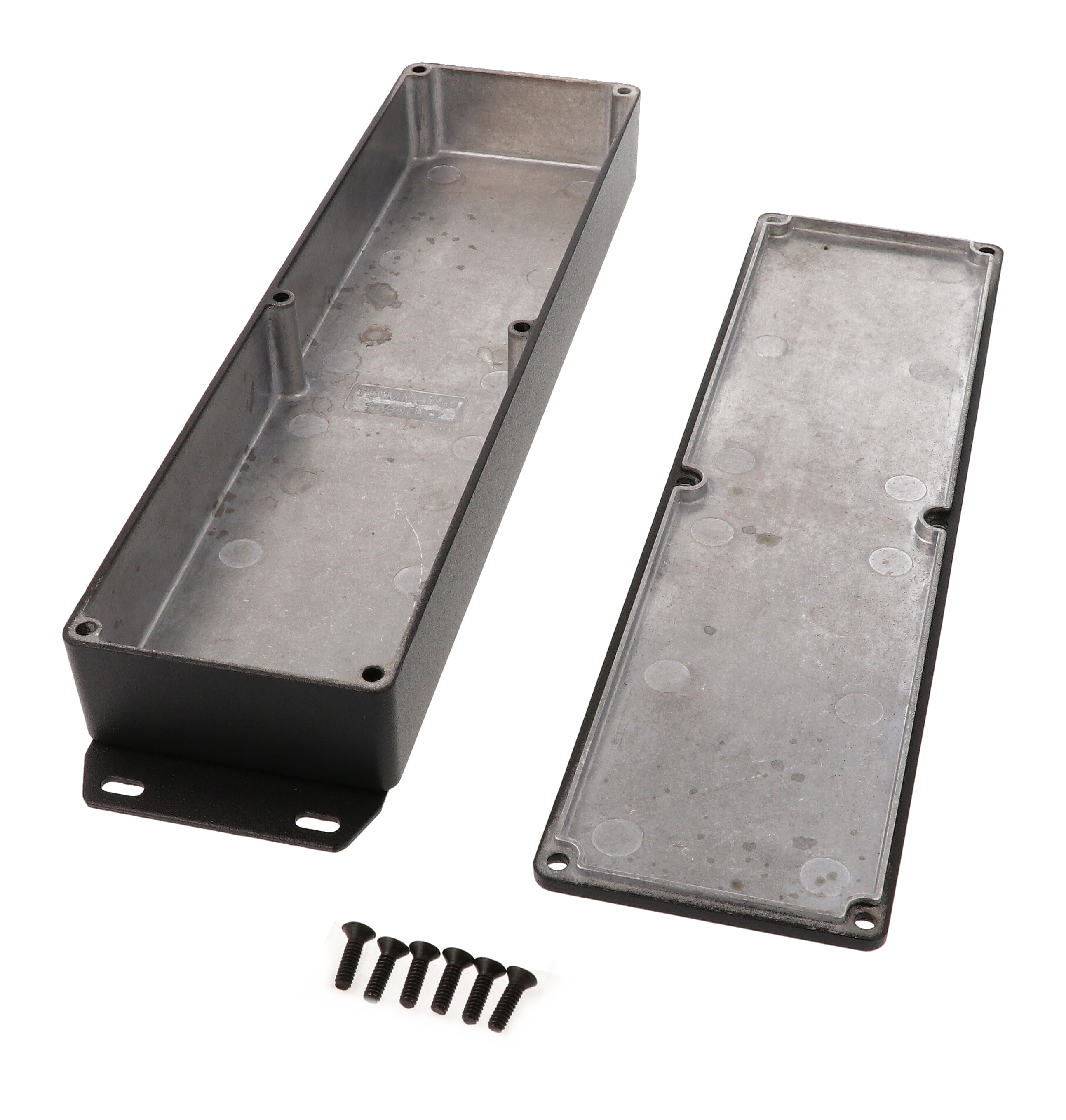 1590BX2FBK long slim black textured diecast aluminum enclosure with flanged bottom plate