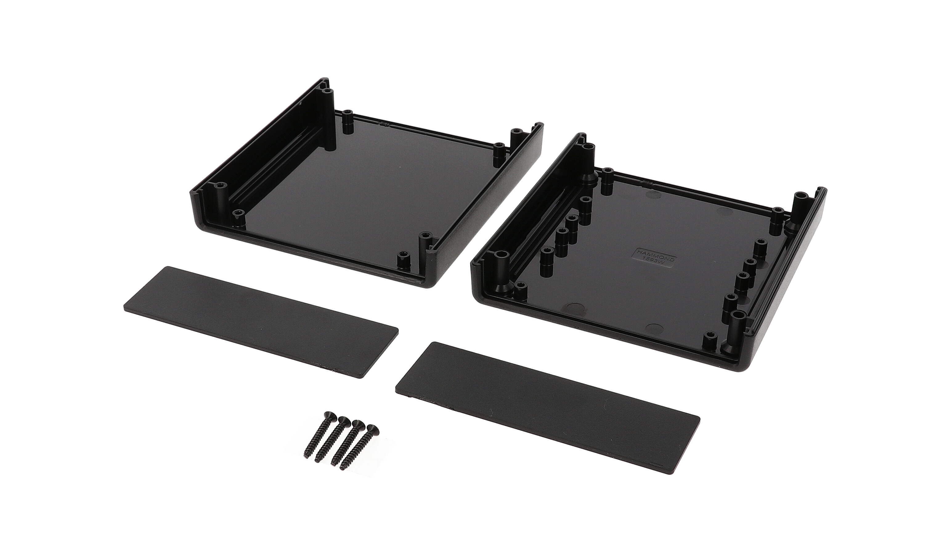 1593WBK black ABS plastic hand held enclosure, 105 x 110 x 35 mm, with removable end panels