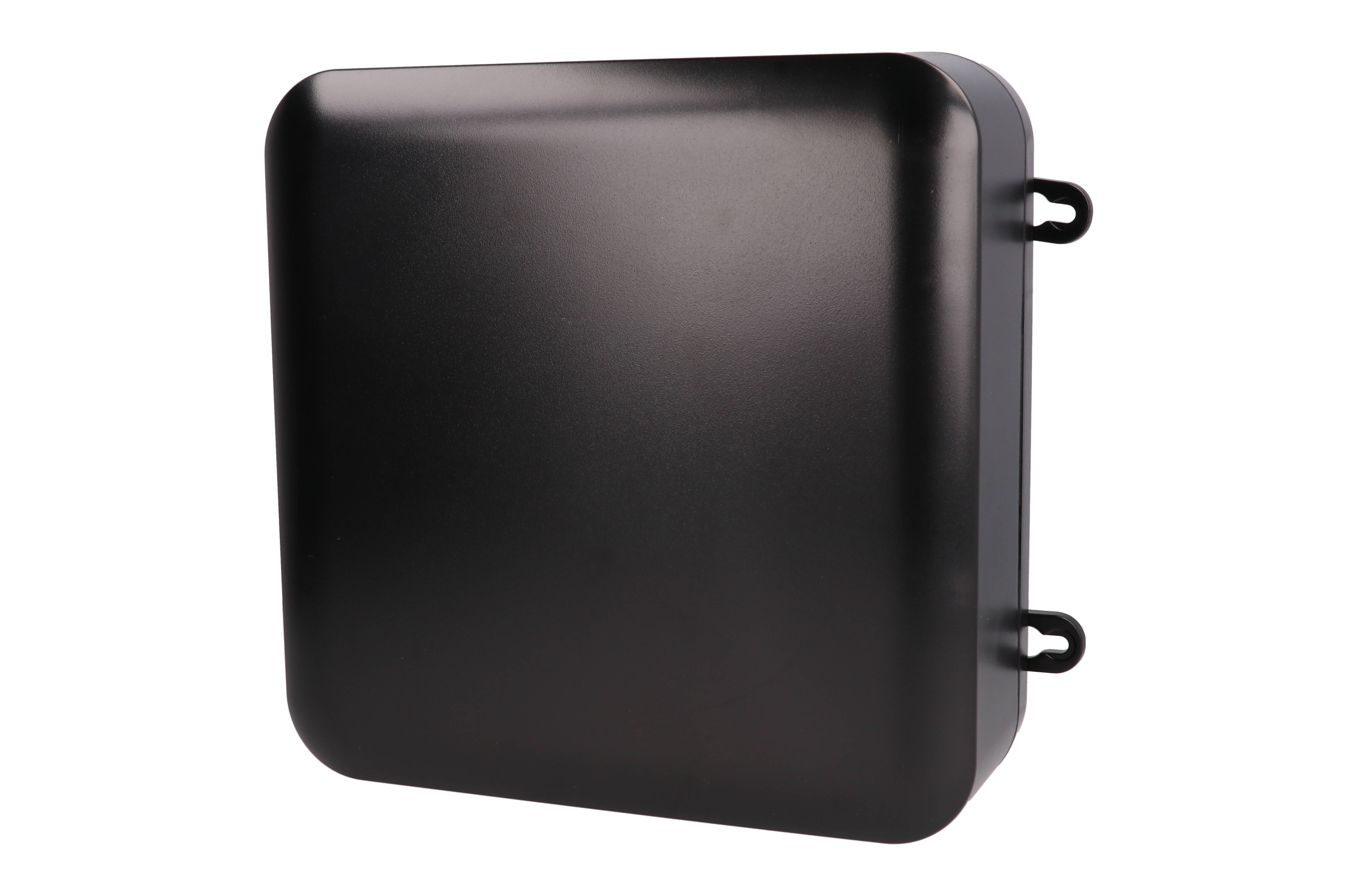 1557HA2BK black polycarbonate watertight enclosure, 200 x 200 x 70 mm, with rounded corners and gasketed screw-down lid
