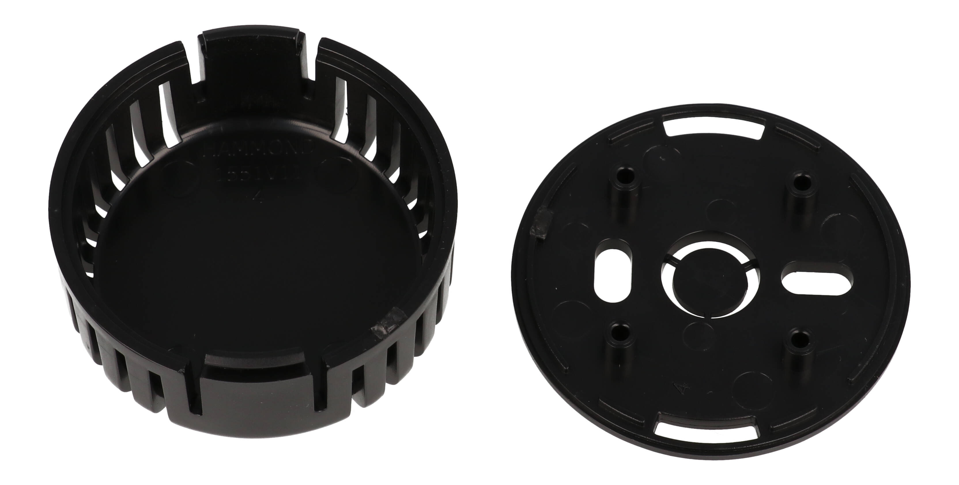 1551V11BK black vented round ABS snap-fit sensor enclosure with wall-mount base