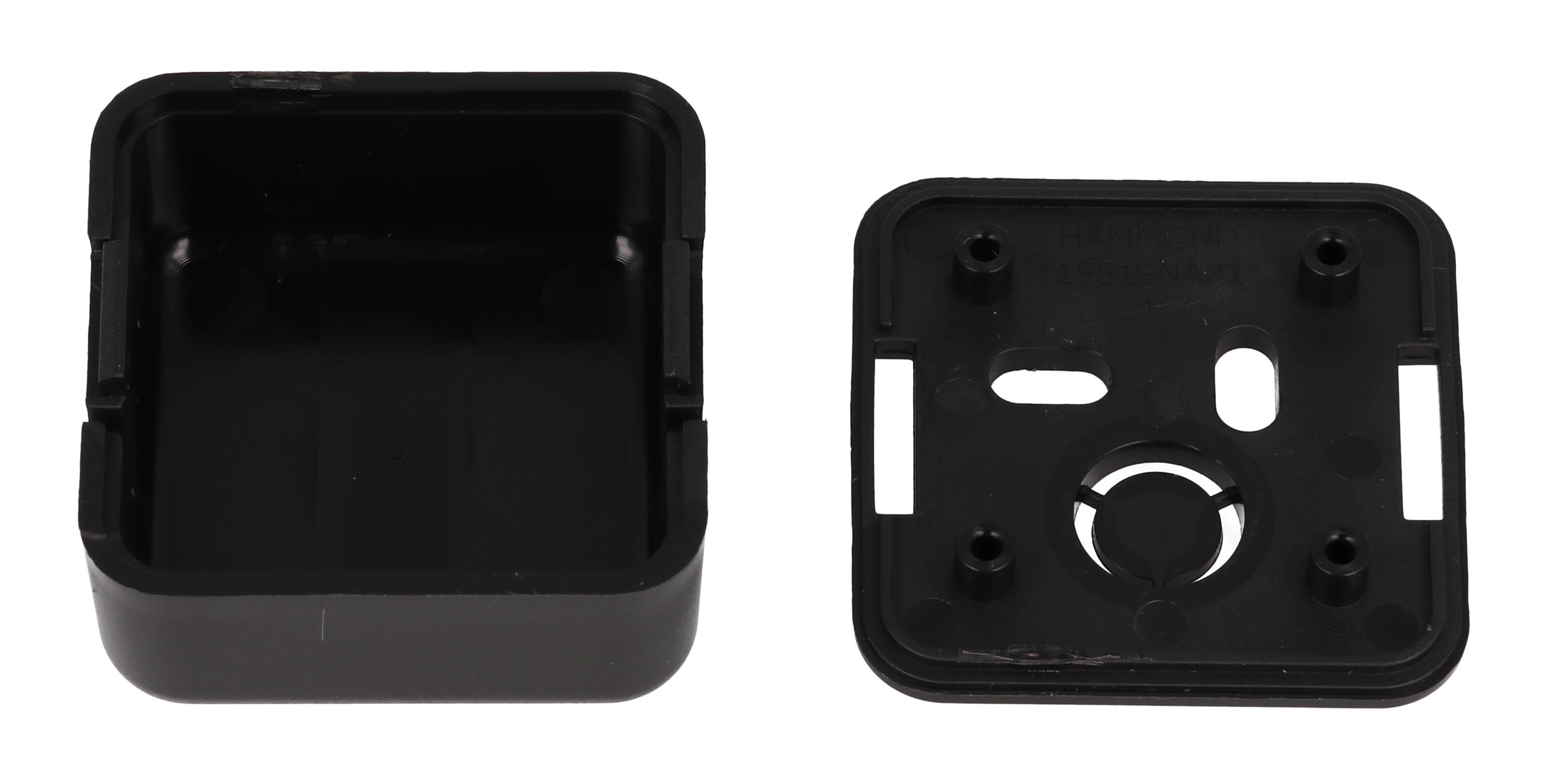 1551SNAP1BK black unvented snap-fit ABS sensor enclosure, 40 x 40 x 20 mm, with wall-mount slots