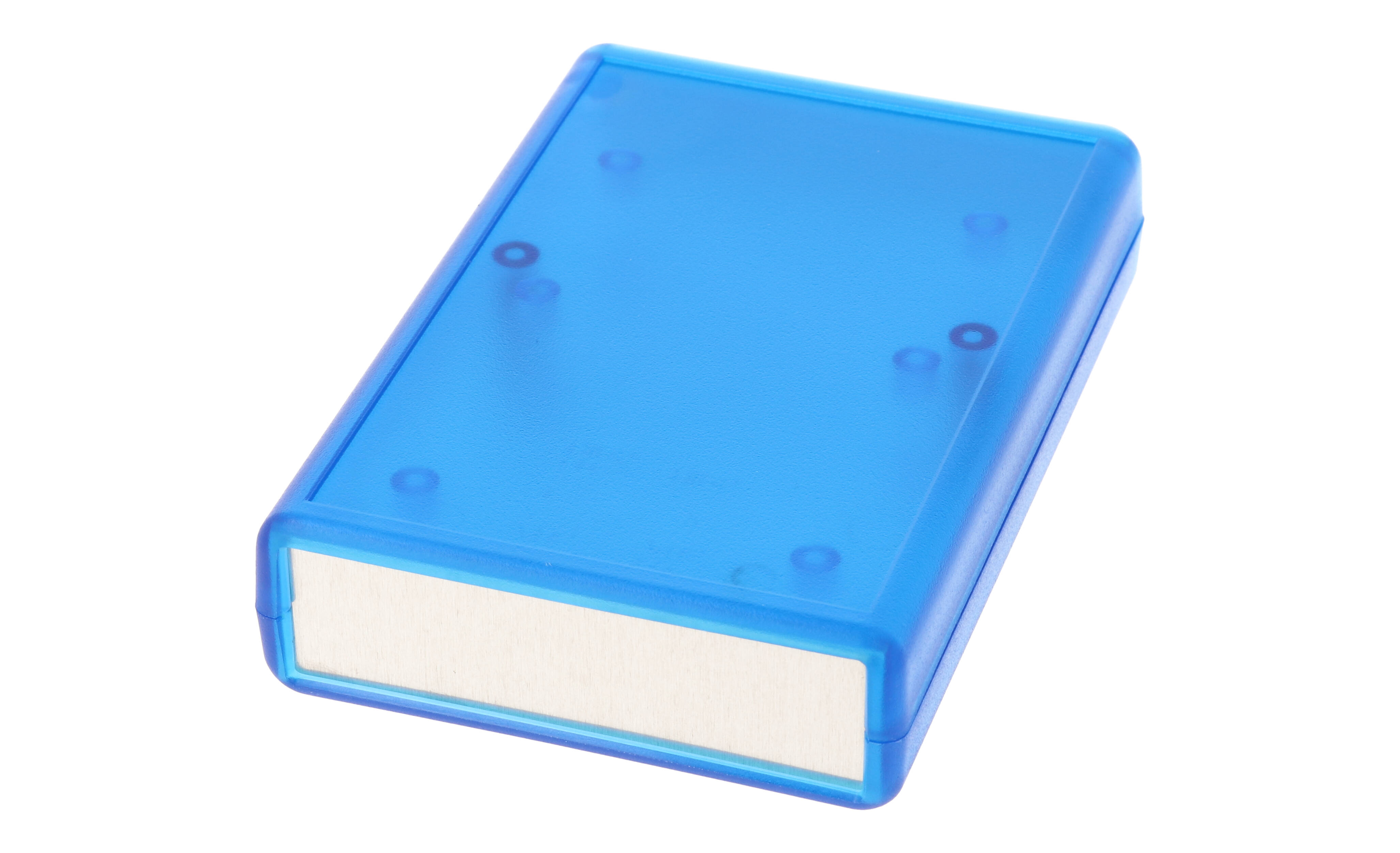 1593NALTBU transparent blue ABS handheld enclosure with aluminum end panels