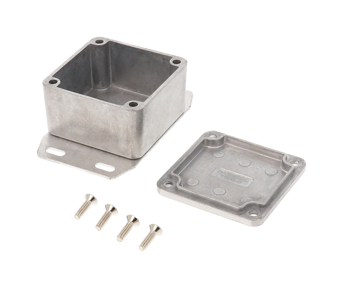 1590LBF natural diecast aluminum enclosure with welded bottom flange, 51 x 51 x 31 mm
