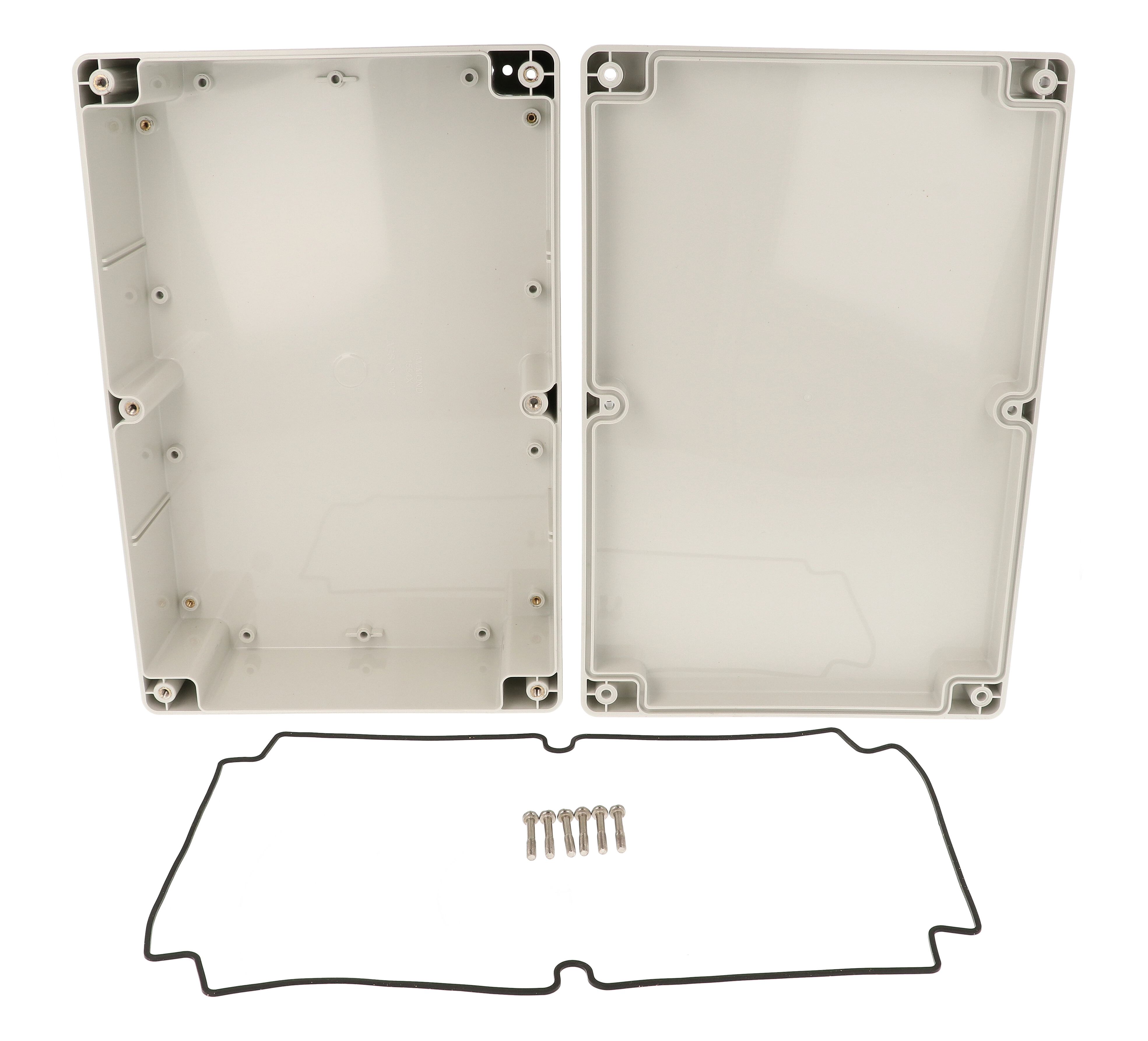 1554XGY light gray ABS watertight enclosure, 300 x 200 x 90 mm, with flat screw-cover lid