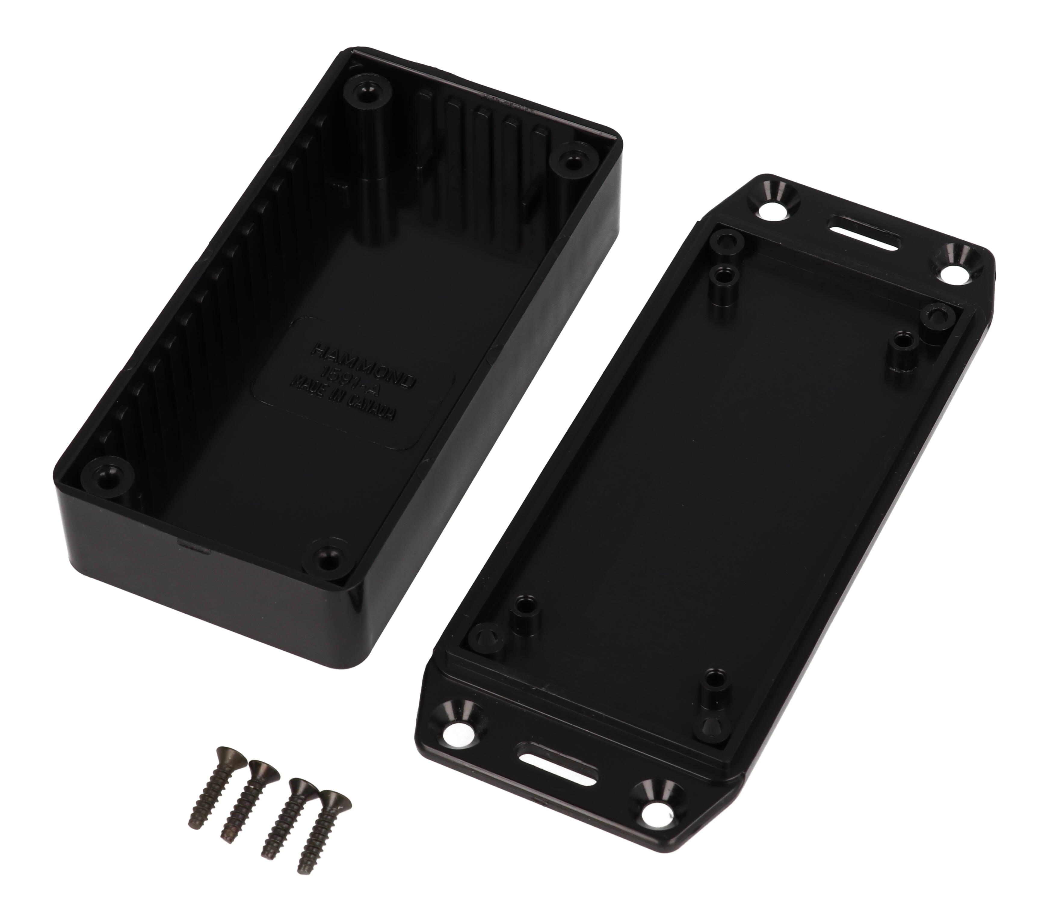 1591ASFLBK black 100 x 50 x 25 mm ABS plastic flanged-lid enclosure with molded card guides