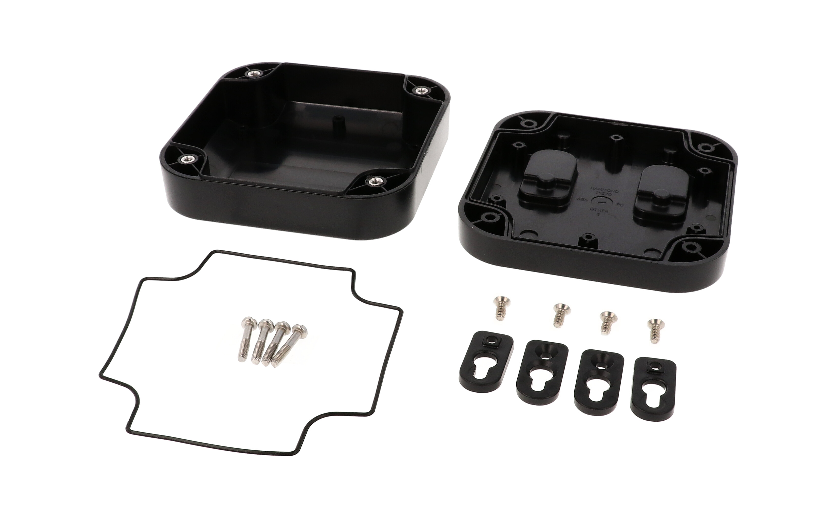 1557DBK black ABS low-profile watertight enclosure, 120 x 120 x 45 mm, with four lid screws