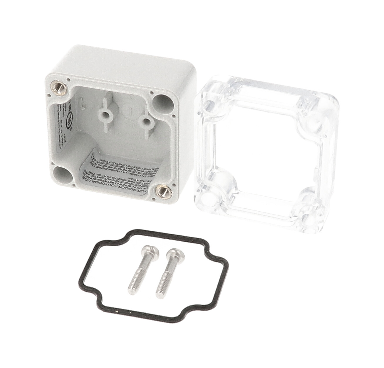 1554A2GYCL gray polycarbonate enclosure with clear lid, 52 x 50 x 40 mm