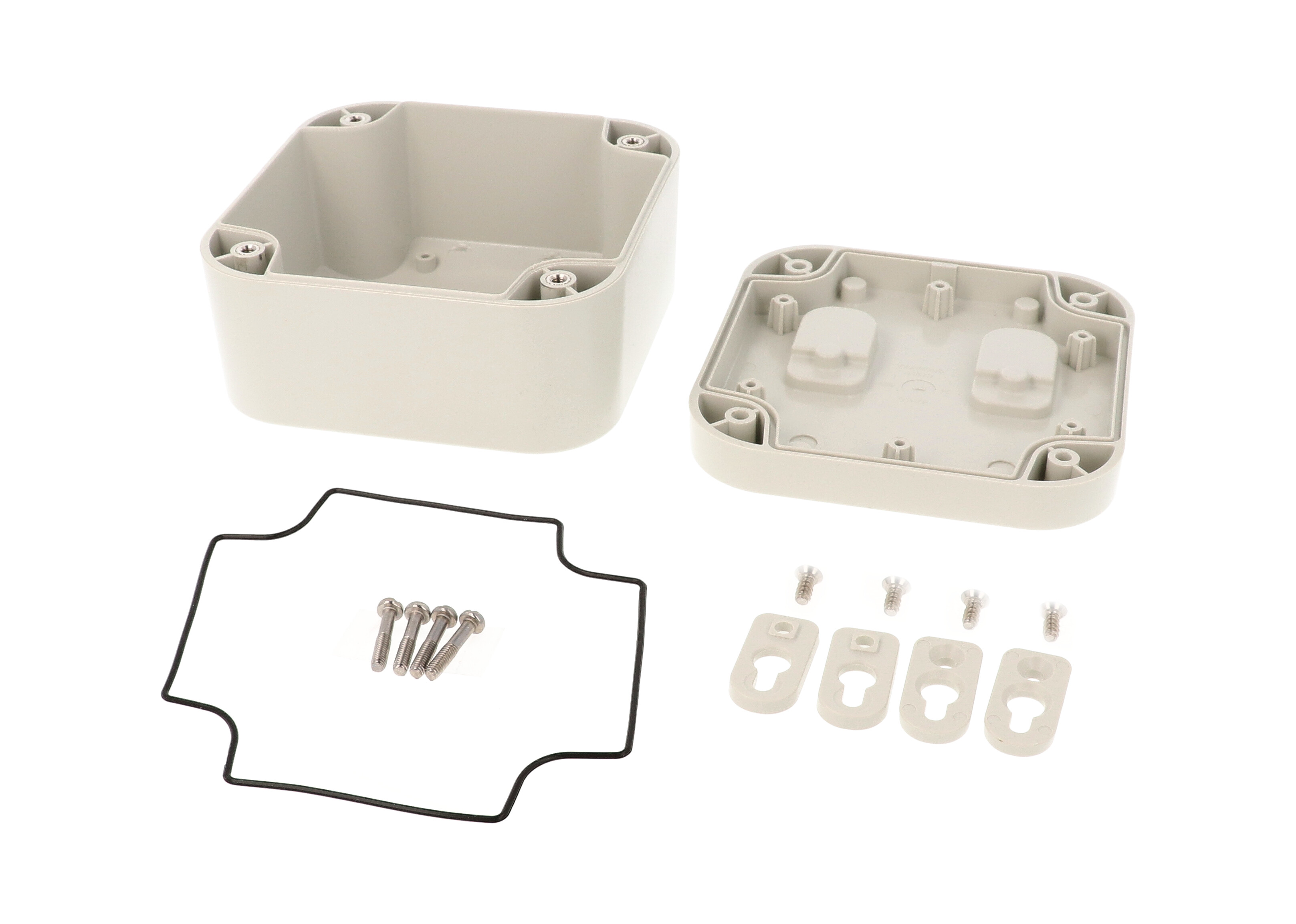 1557DA2GY light gray polycarbonate IP68 enclosure, 120 x 120 x 70 mm, shown with gasketed lid