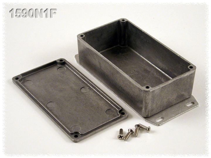1590N1F natural diecast aluminum 121 x 66 x 40 mm enclosure with welded bottom mounting flange