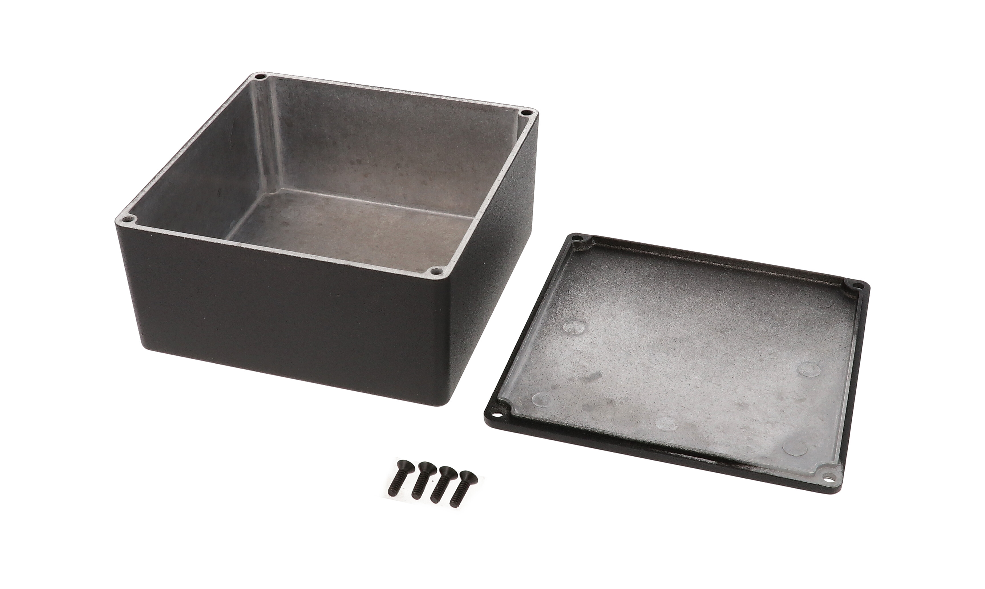 1590UBK textured black square diecast aluminum enclosure, 120 x 120 x 59 mm, box and lid