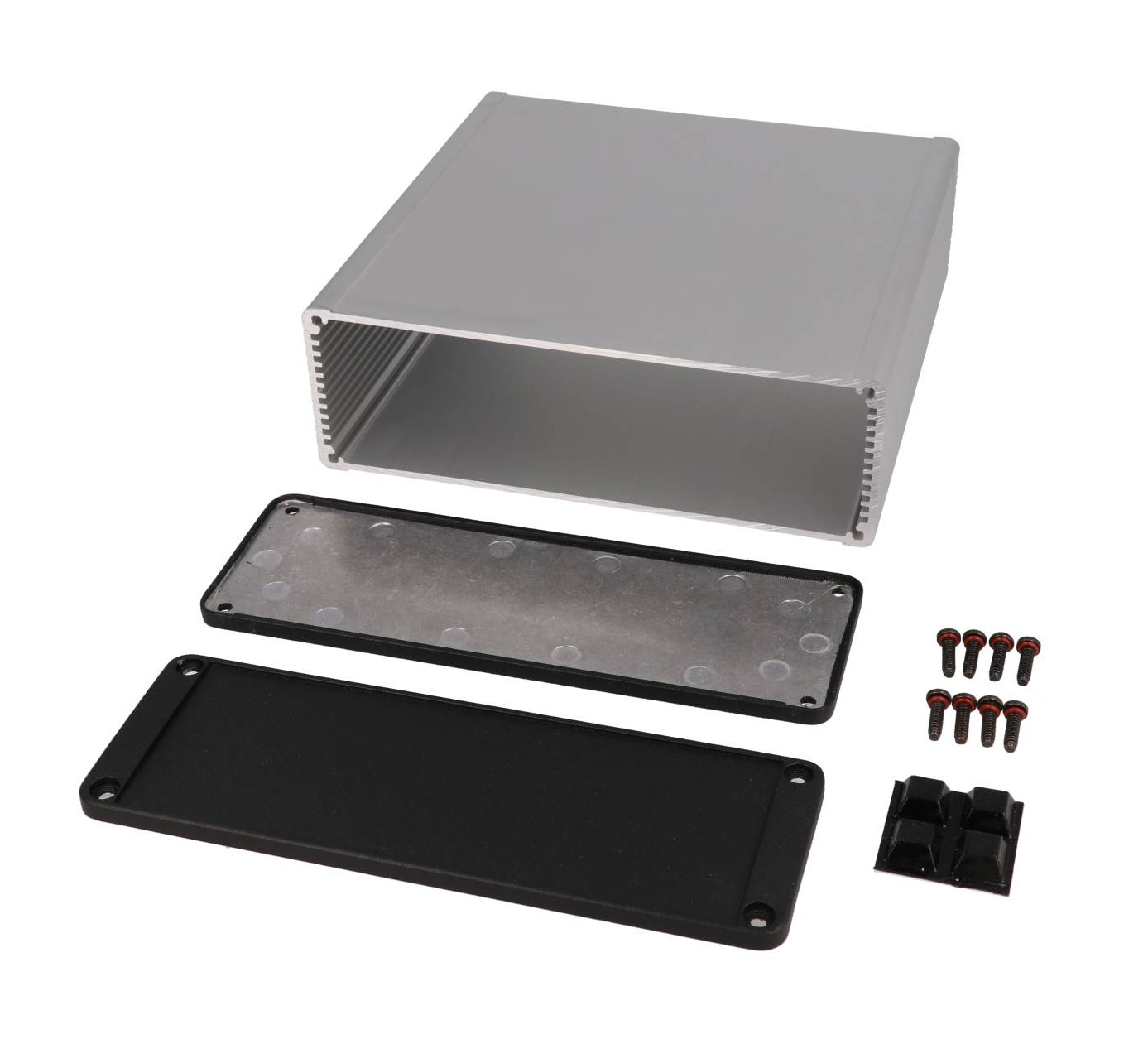 1457T1601E clear anodized EMI/RFI shielded extruded aluminum enclosure with flat black end panels, 160 mm x 165 mm x 55 mm