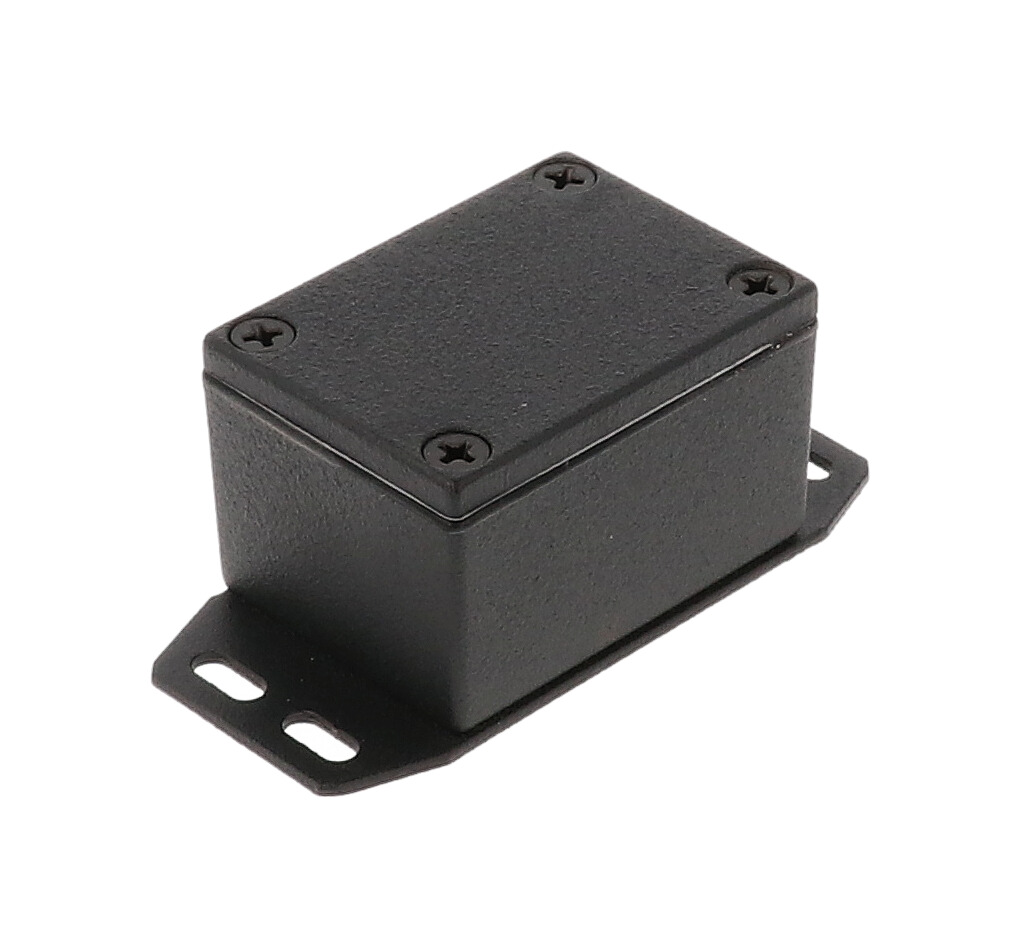 1590WHFBK black textured IP65 watertight diecast enclosure, 53 x 38 x 31 mm, with flanged bottom plate