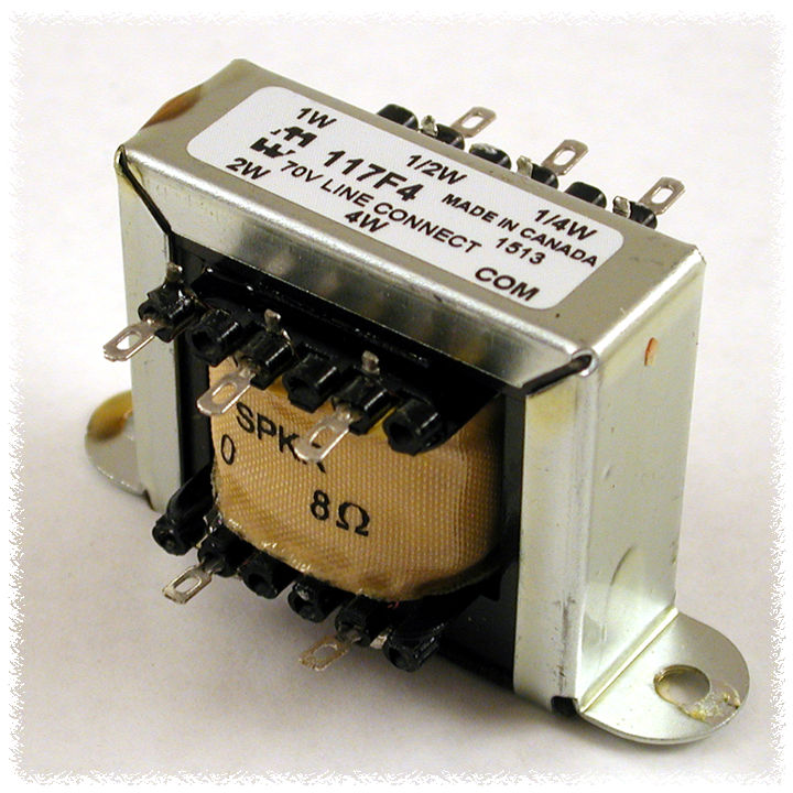 117E4 70 V 4 W line matching audio transformer with channel mounting bracket and solder lugs — view 2