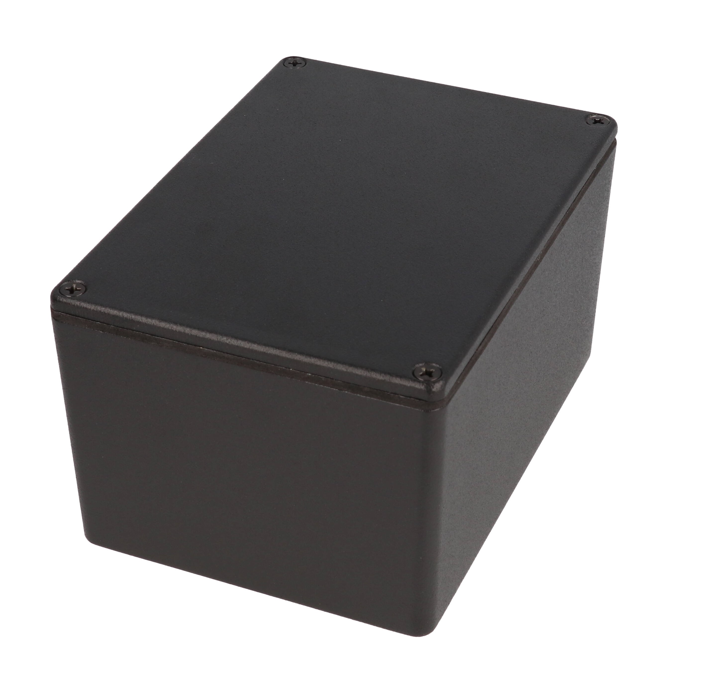 1550WKBK black watertight diecast aluminum enclosure, 140 x 102 x 77 mm, with screw-down lid
