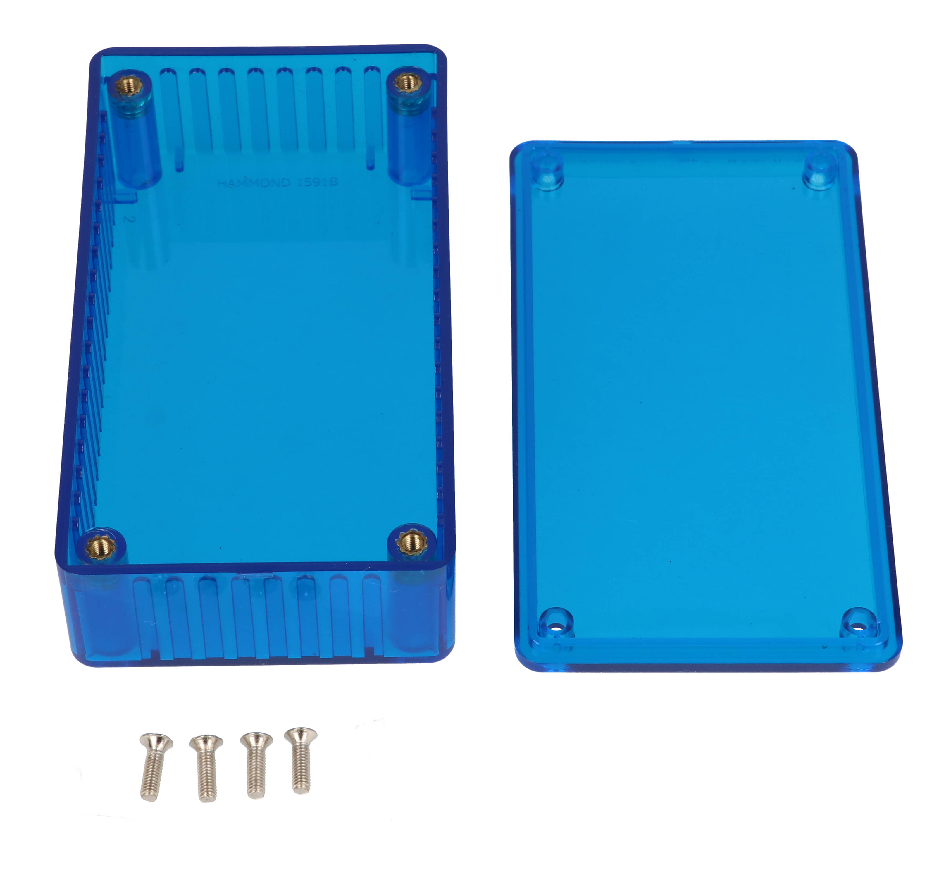 1591BTBU ice blue translucent polycarbonate enclosure, 112 x 62 x 31 mm, with lid and cover screws