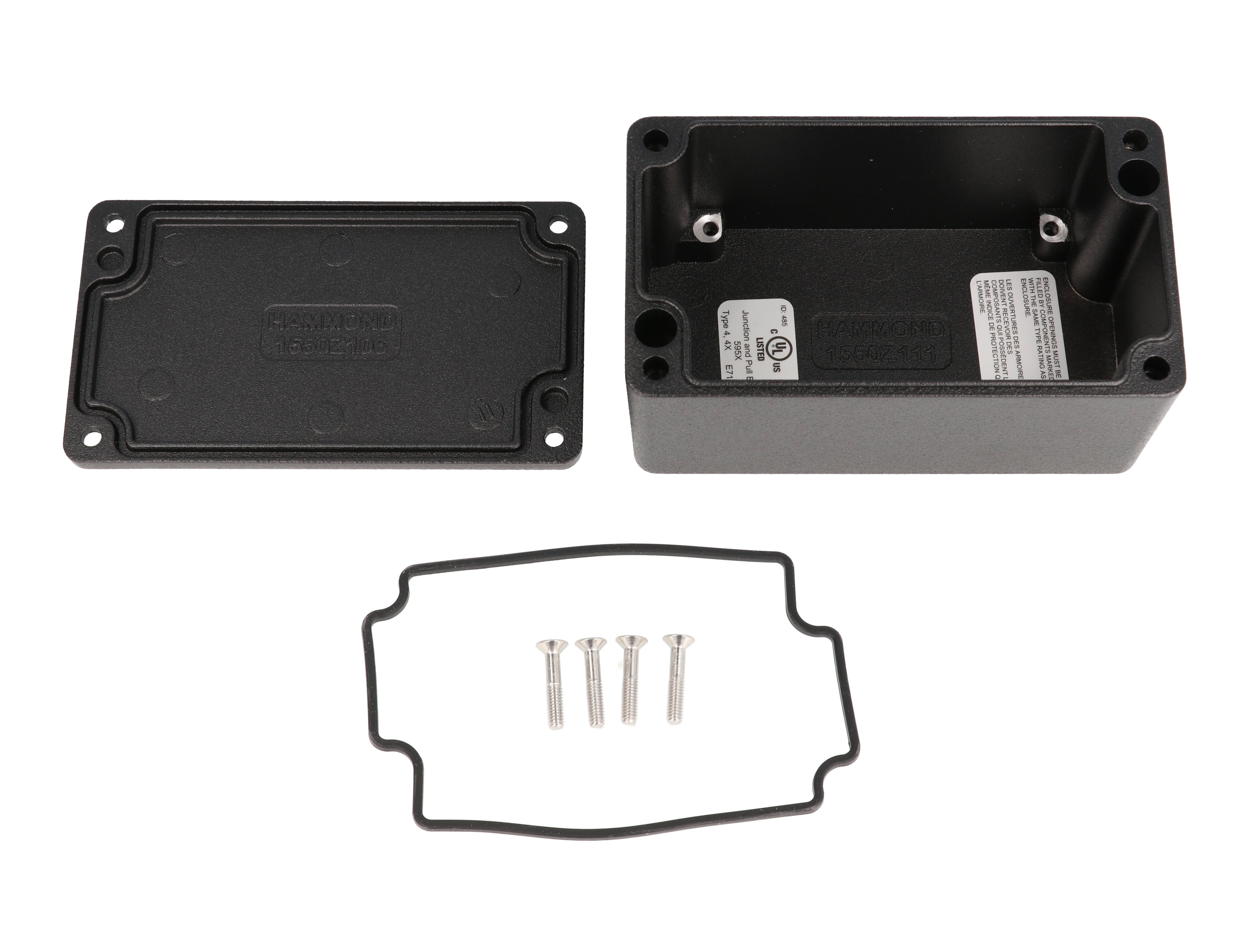 Hammond 1550Z111BK black textured watertight diecast aluminum enclosure, 115 x 65 x 55 mm, with lid and cover screws