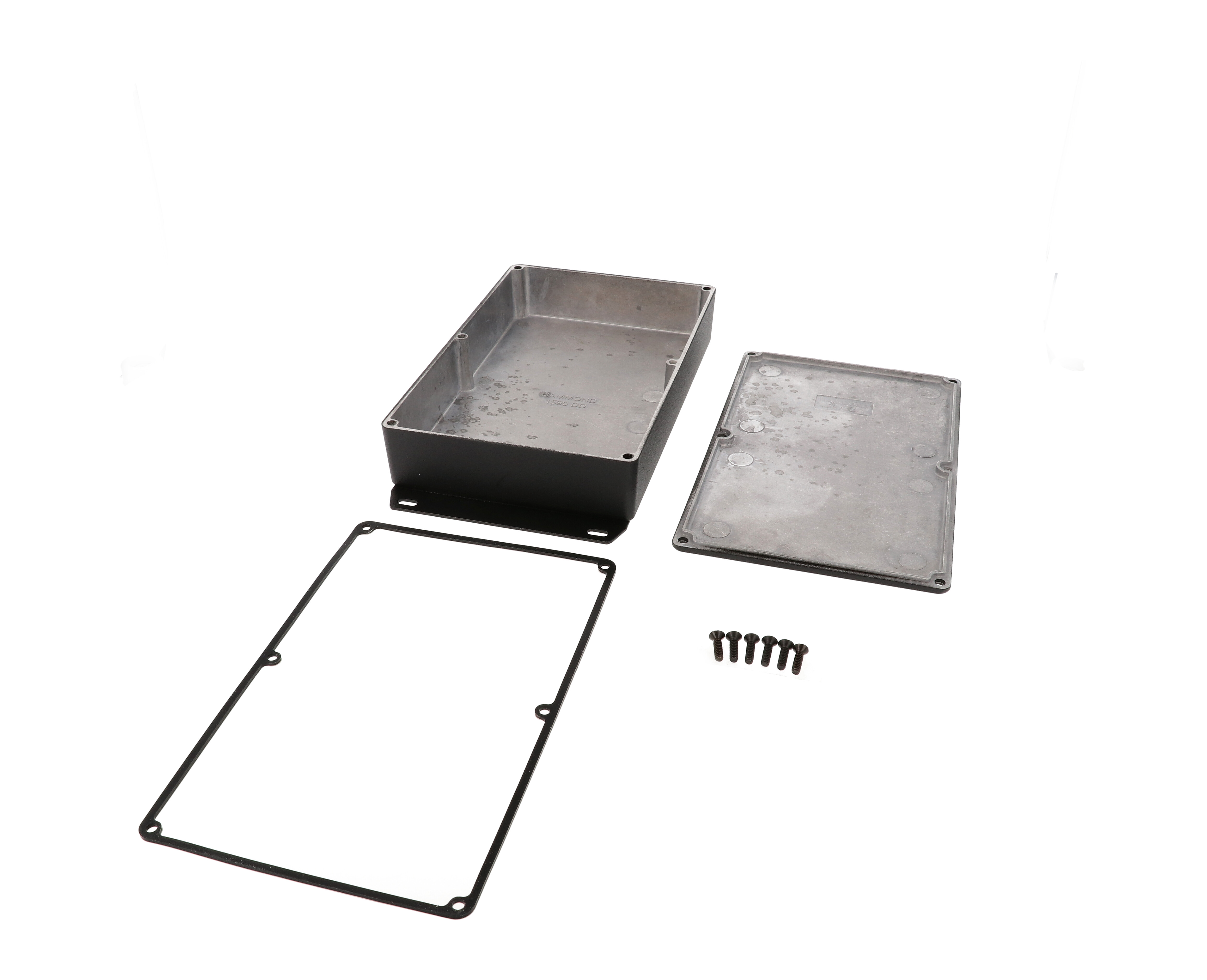 1590WDDFBK textured black watertight diecast aluminum enclosure, 188 mm x 120 mm x 37 mm, with flanged bottom plate