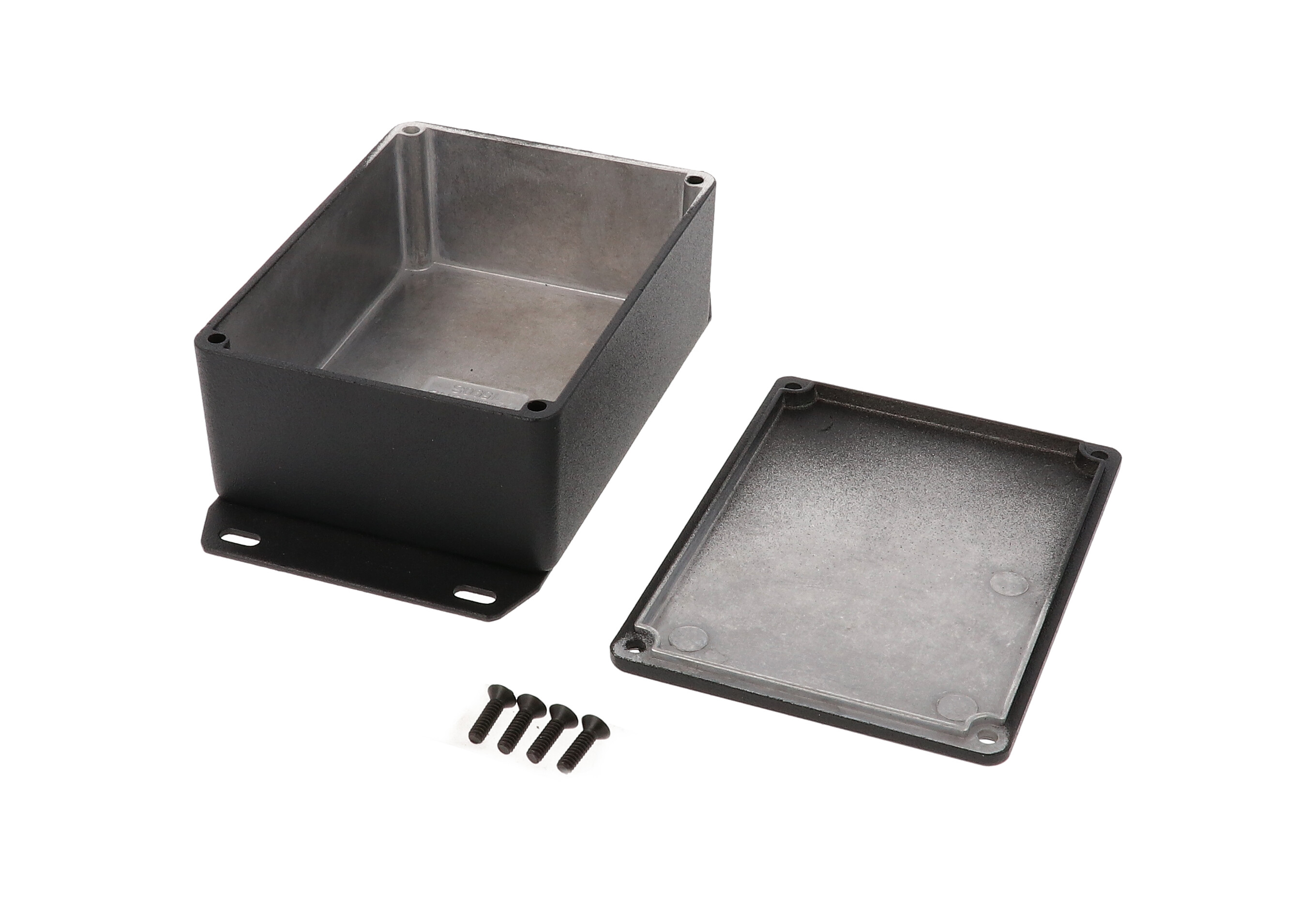 1590SFBK black diecast aluminum enclosure with welded flanged bottom plate, 110 x 82 x 44 mm