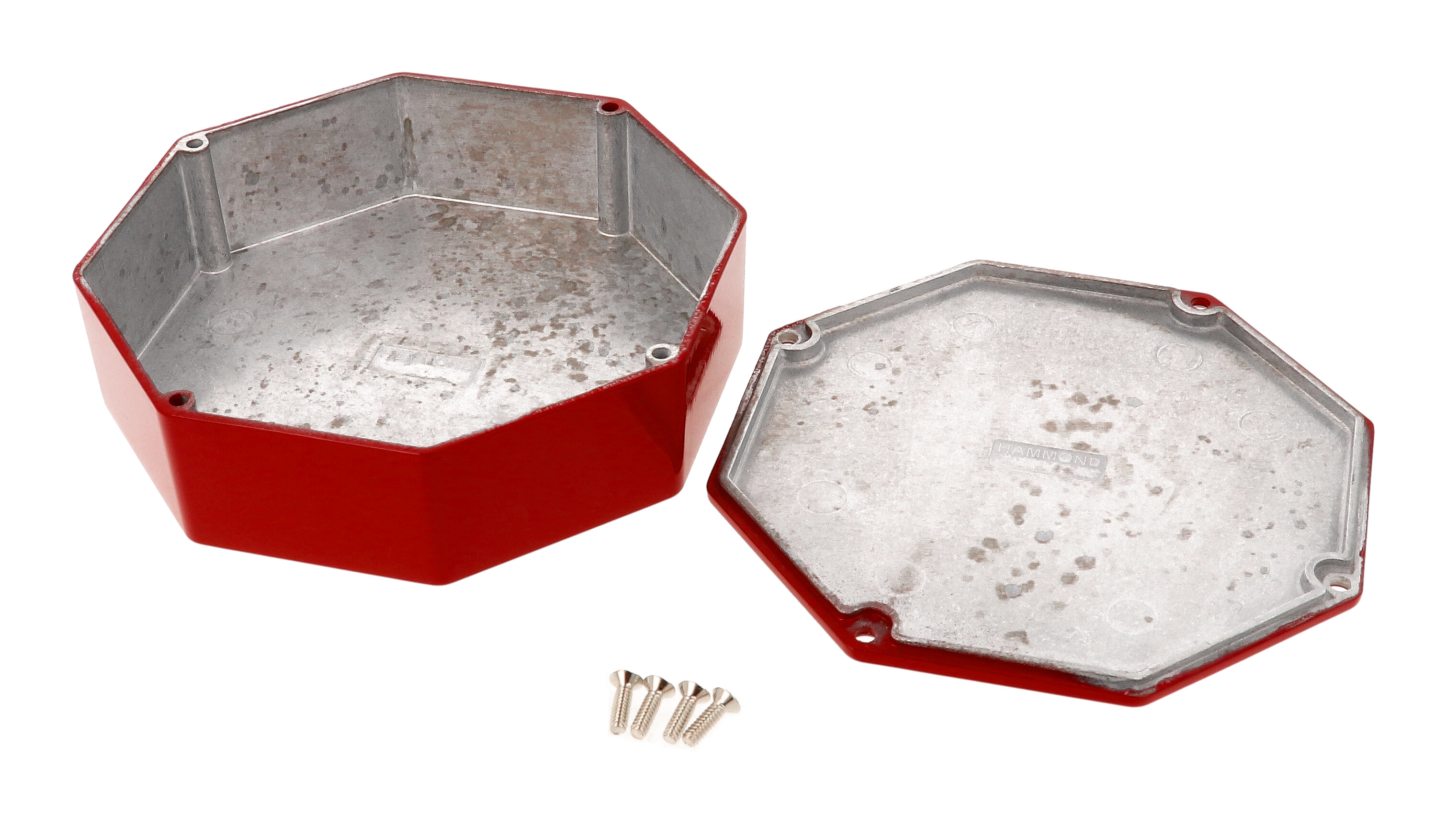 1590STPCRD red painted diecast aluminum octagon stomp box enclosure with lid and cover screws